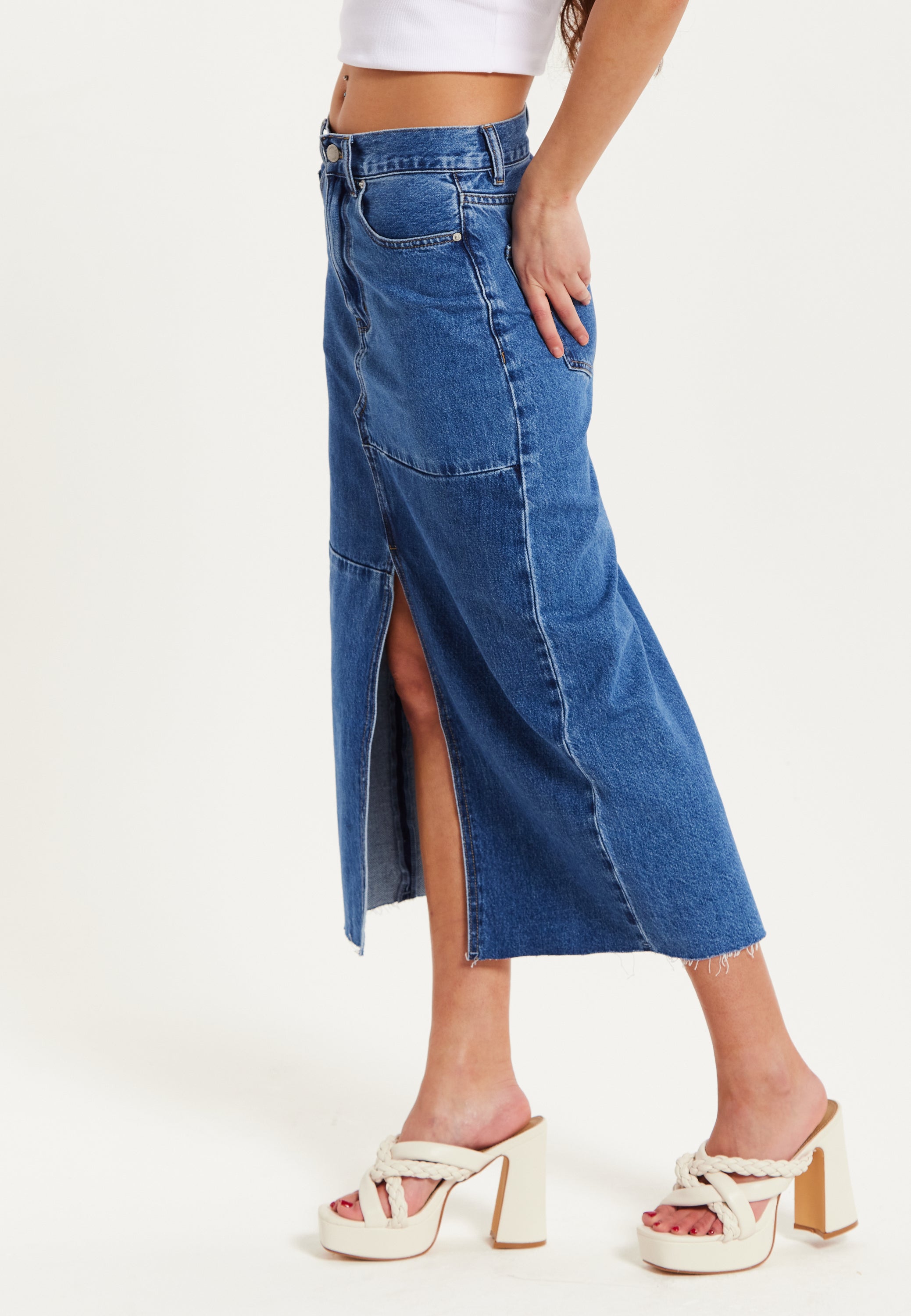 Women's Blue Slit Front Midi Skirt with Belt Loops - 100% Cotton, Stylish & Comfortable by Liquorish