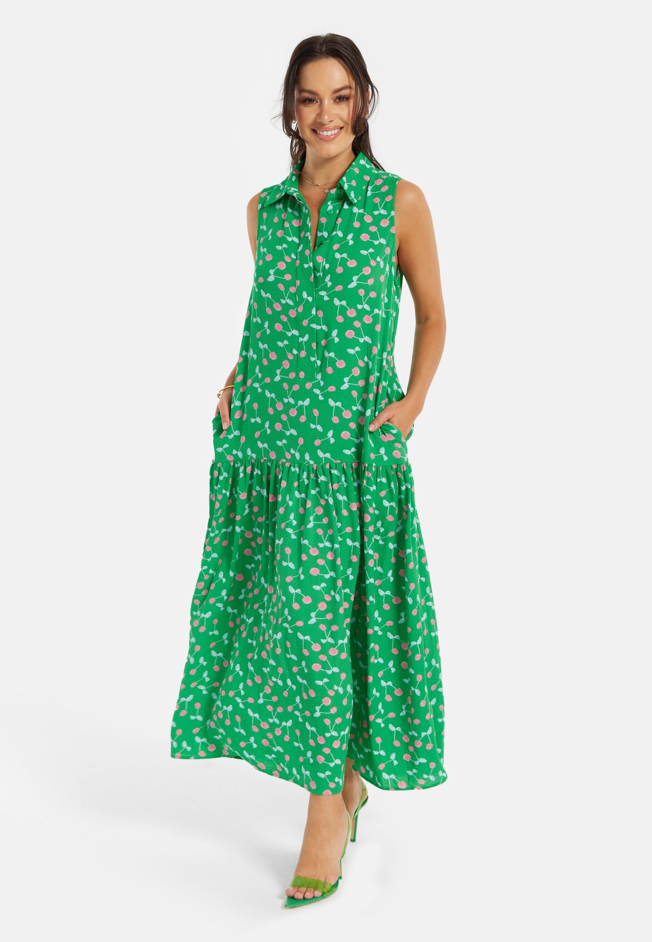 Women's Maxi Dress in Green with Sleeveless Design and Cherry Print by Liquorish