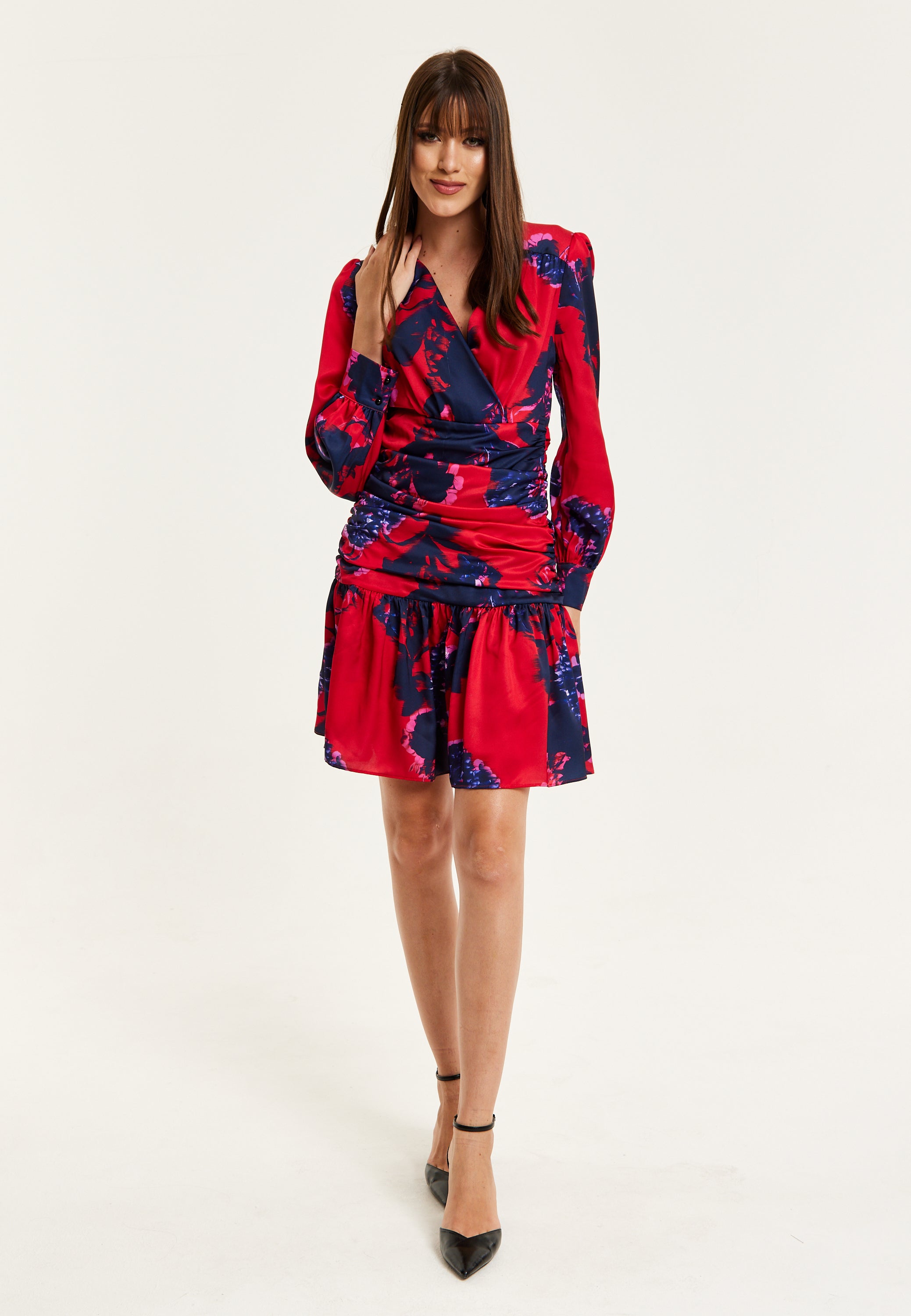 Women's Mini Dress in Red with Long Balloon Sleeves and Floral Print, Elegant Design by Liquorish