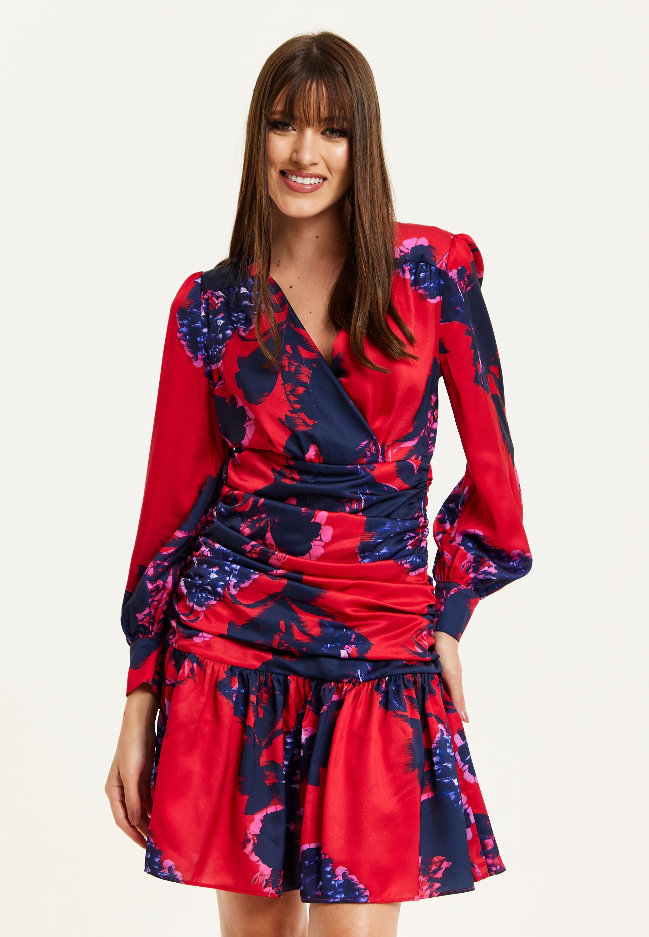 Women's Mini Dress in Red with Long Balloon Sleeves and Floral Print, Elegant Design by Liquorish