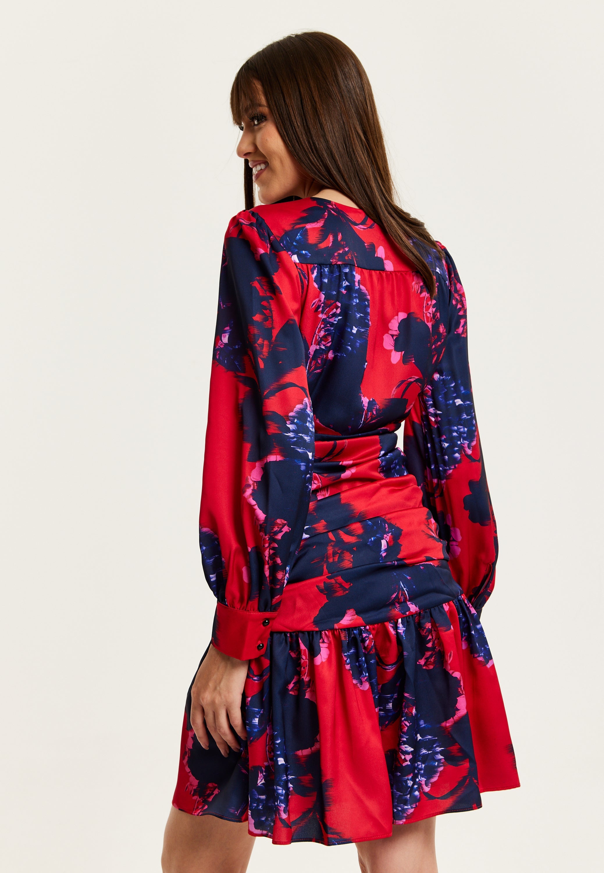 Women's Mini Dress in Red with Long Balloon Sleeves and Floral Print, Elegant Design by Liquorish