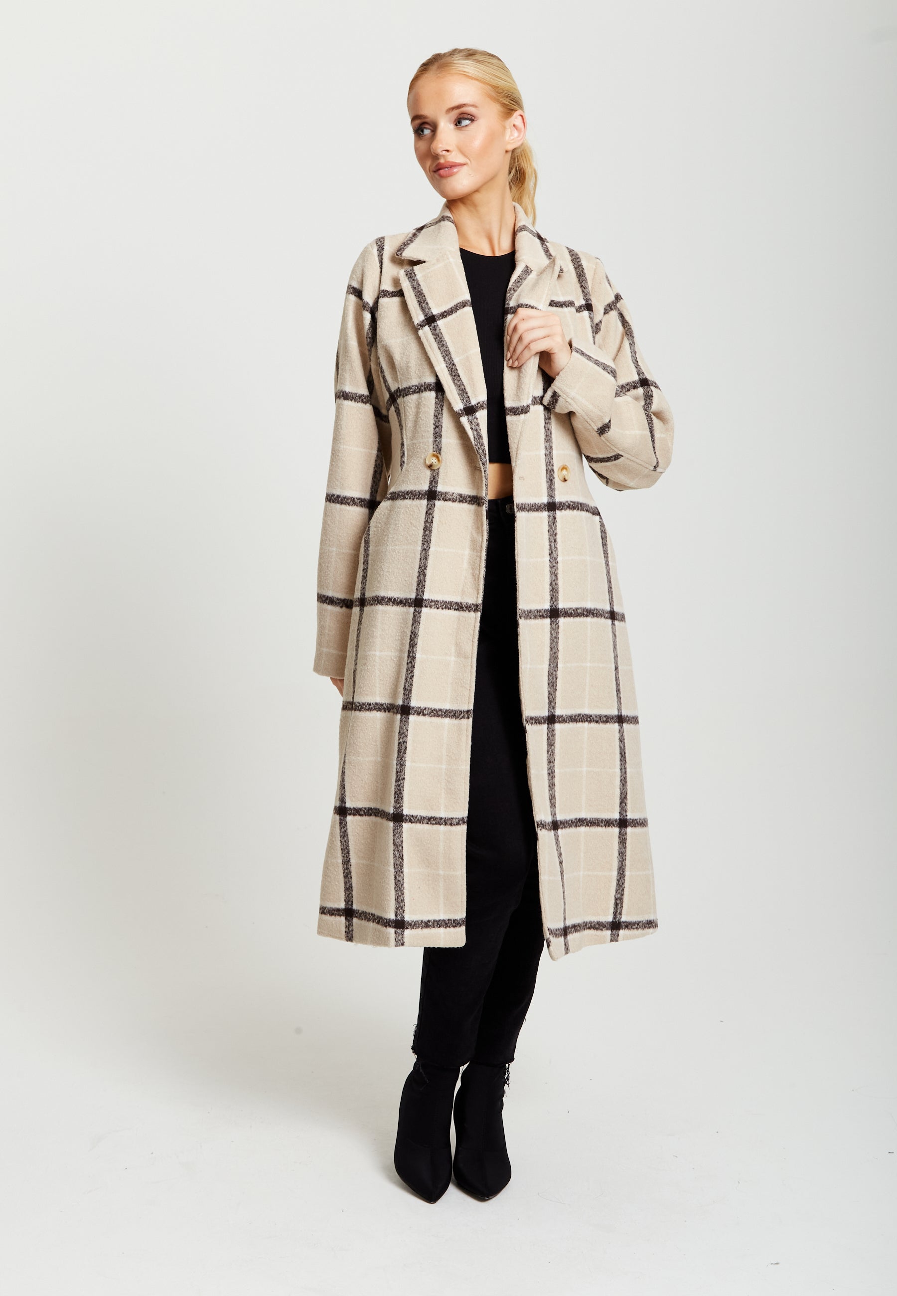 Women's Longline Check Coat with Notch Collar, Front Buttons, and Side Pockets - Liquorish