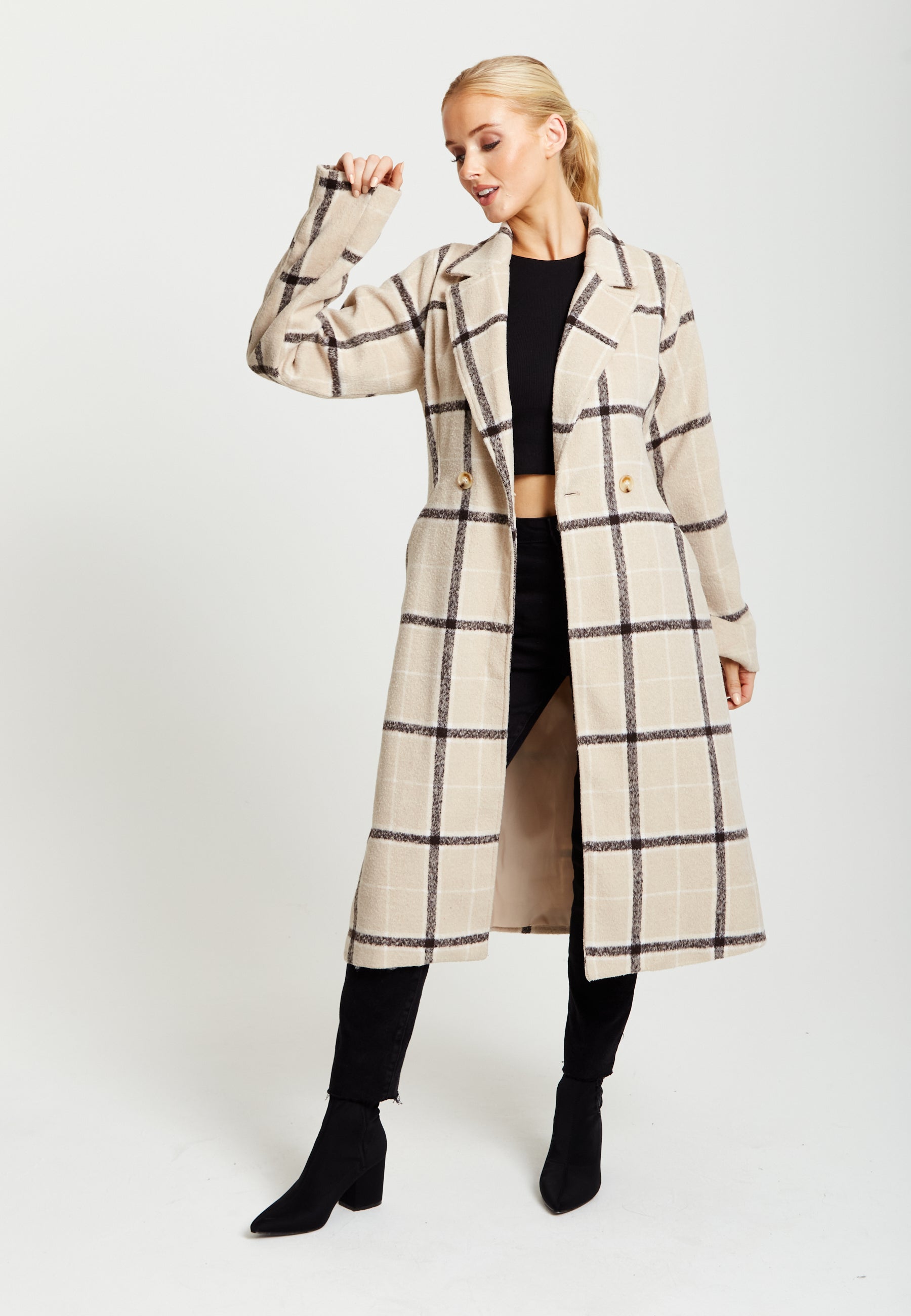 Women's Longline Check Coat with Notch Collar, Front Buttons, and Side Pockets - Liquorish