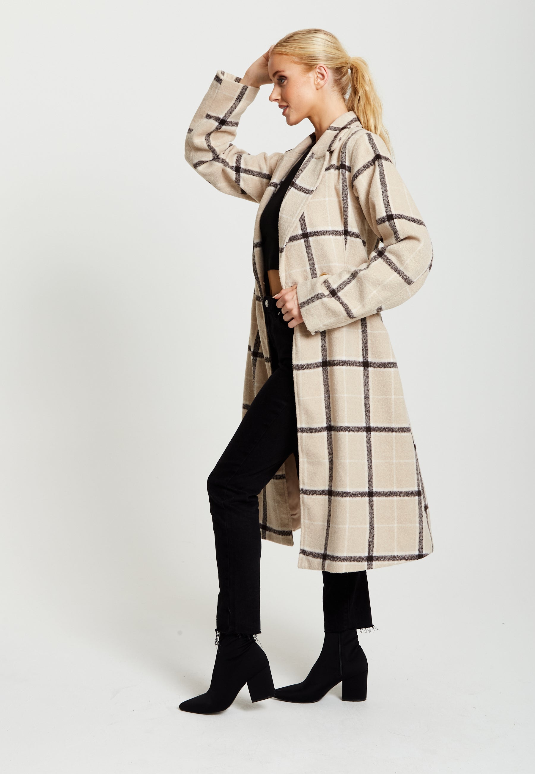 Women's Longline Check Coat with Notch Collar, Front Buttons, and Side Pockets - Liquorish