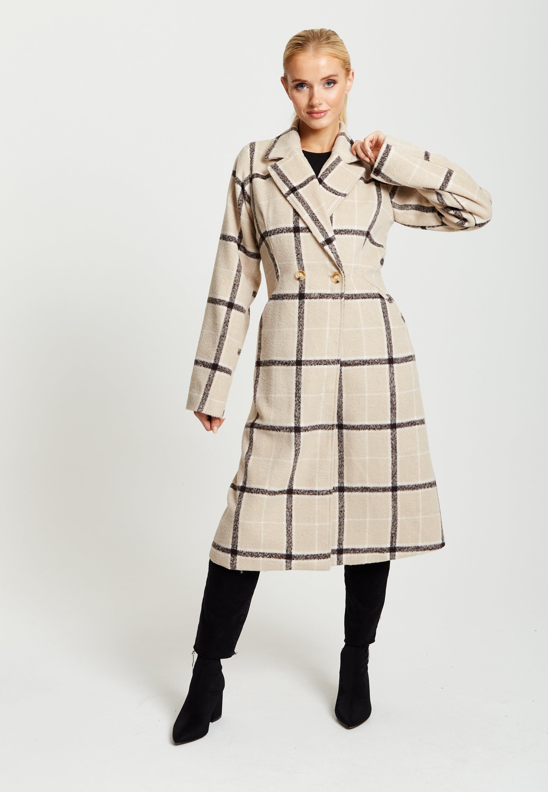 Women's Longline Check Coat with Notch Collar, Front Buttons, and Side Pockets - Liquorish