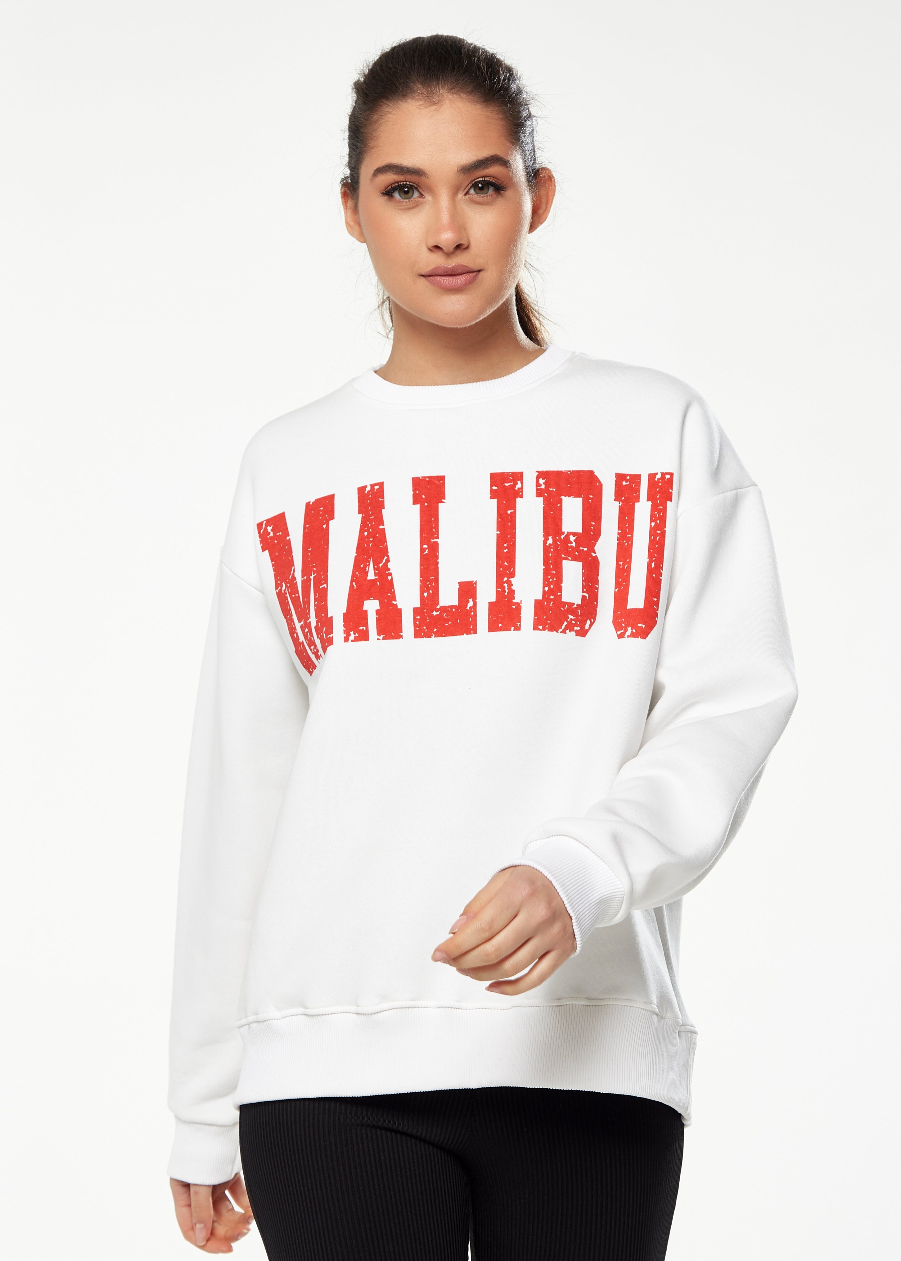 Women’s Sweatshirt with Malibu Print in White - Cozy, Classic Round Neck, Full-Length Sleeves, Ribbed Cuffs, Regular Fit.