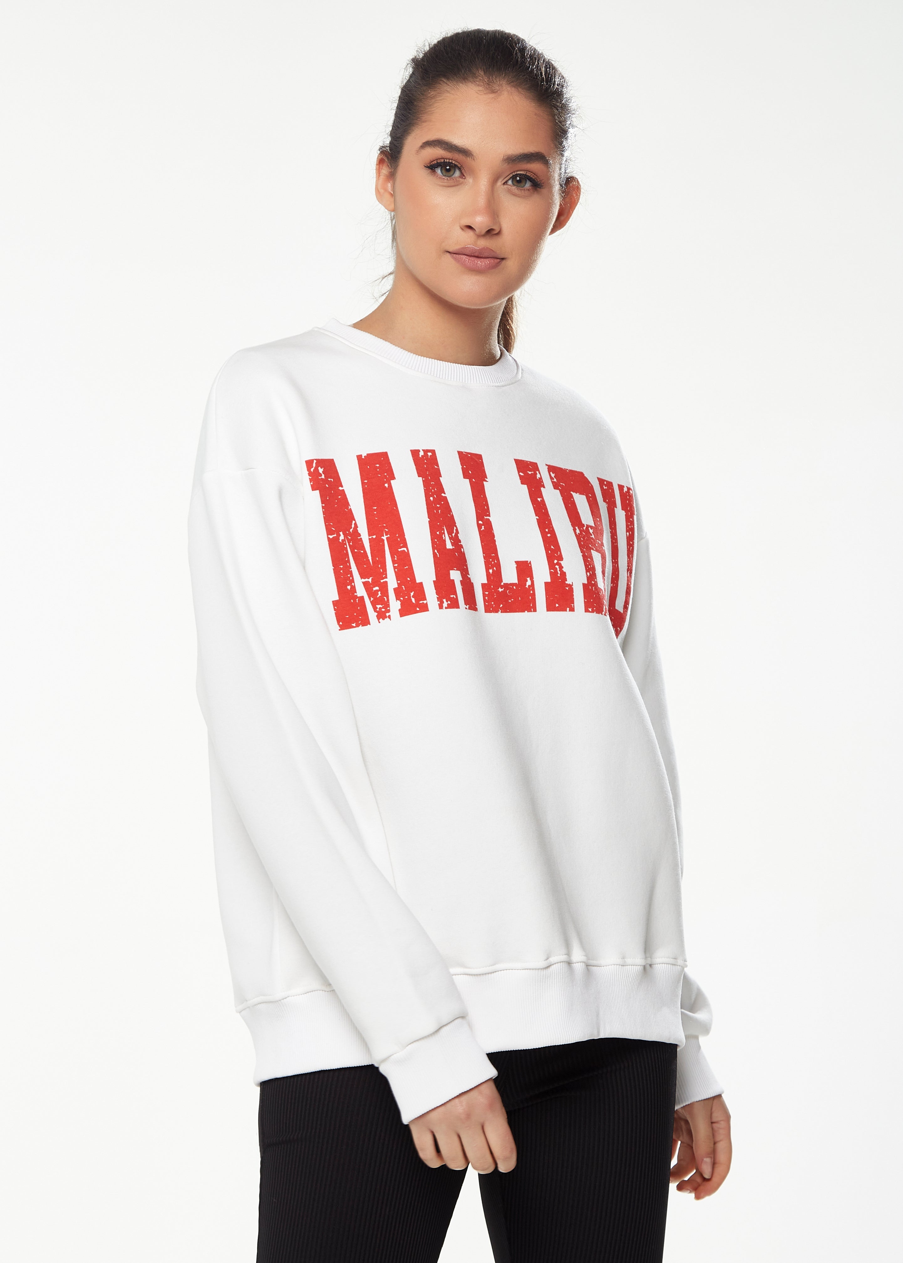 Women’s Sweatshirt with Malibu Print in White - Cozy, Classic Round Neck, Full-Length Sleeves, Ribbed Cuffs, Regular Fit.