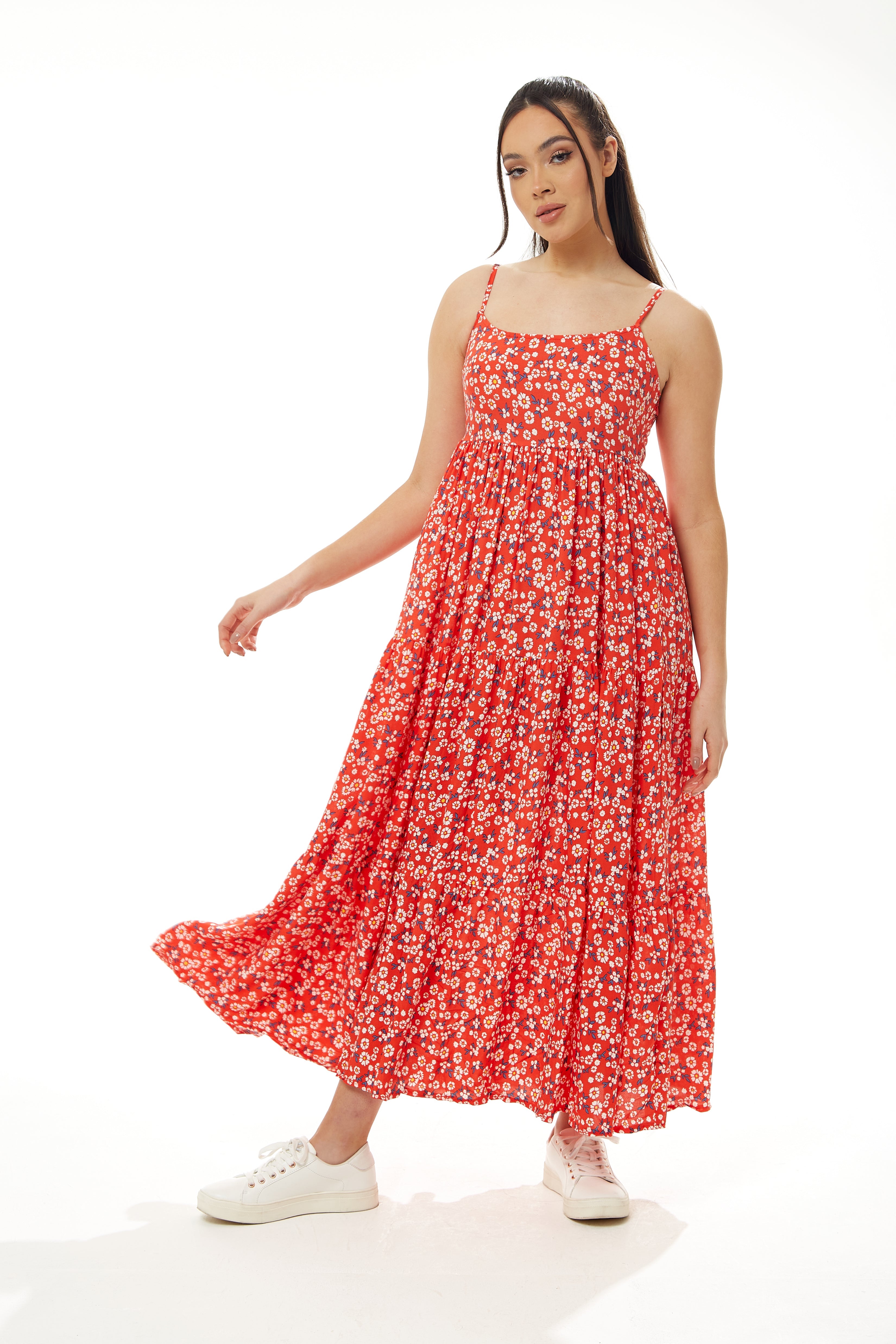Women’s Maxi Dress, Red Floral Print, Sleeveless Smock Design, Elegant Summer Flow