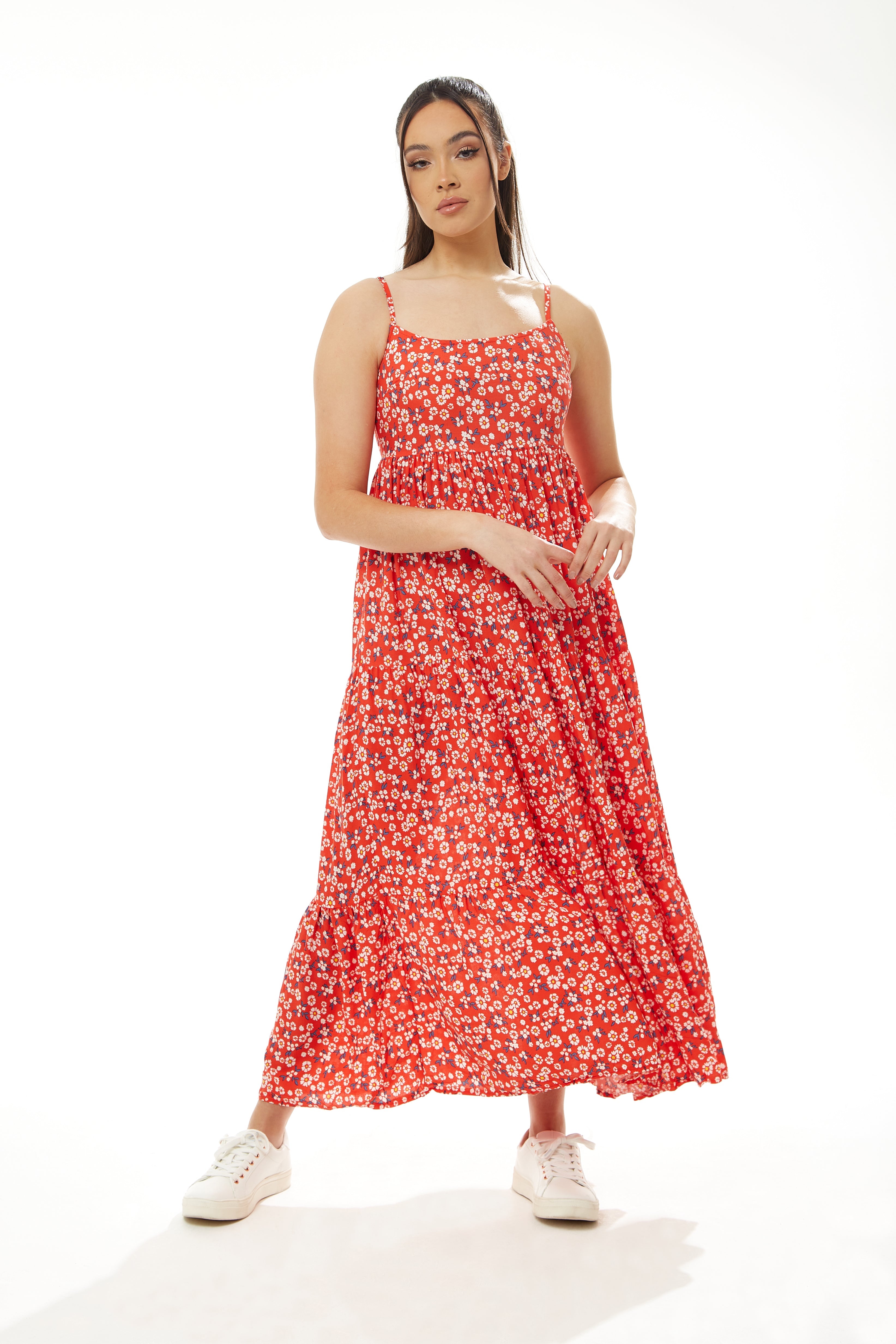 Women’s Maxi Dress, Red Floral Print, Sleeveless Smock Design, Elegant Summer Flow
