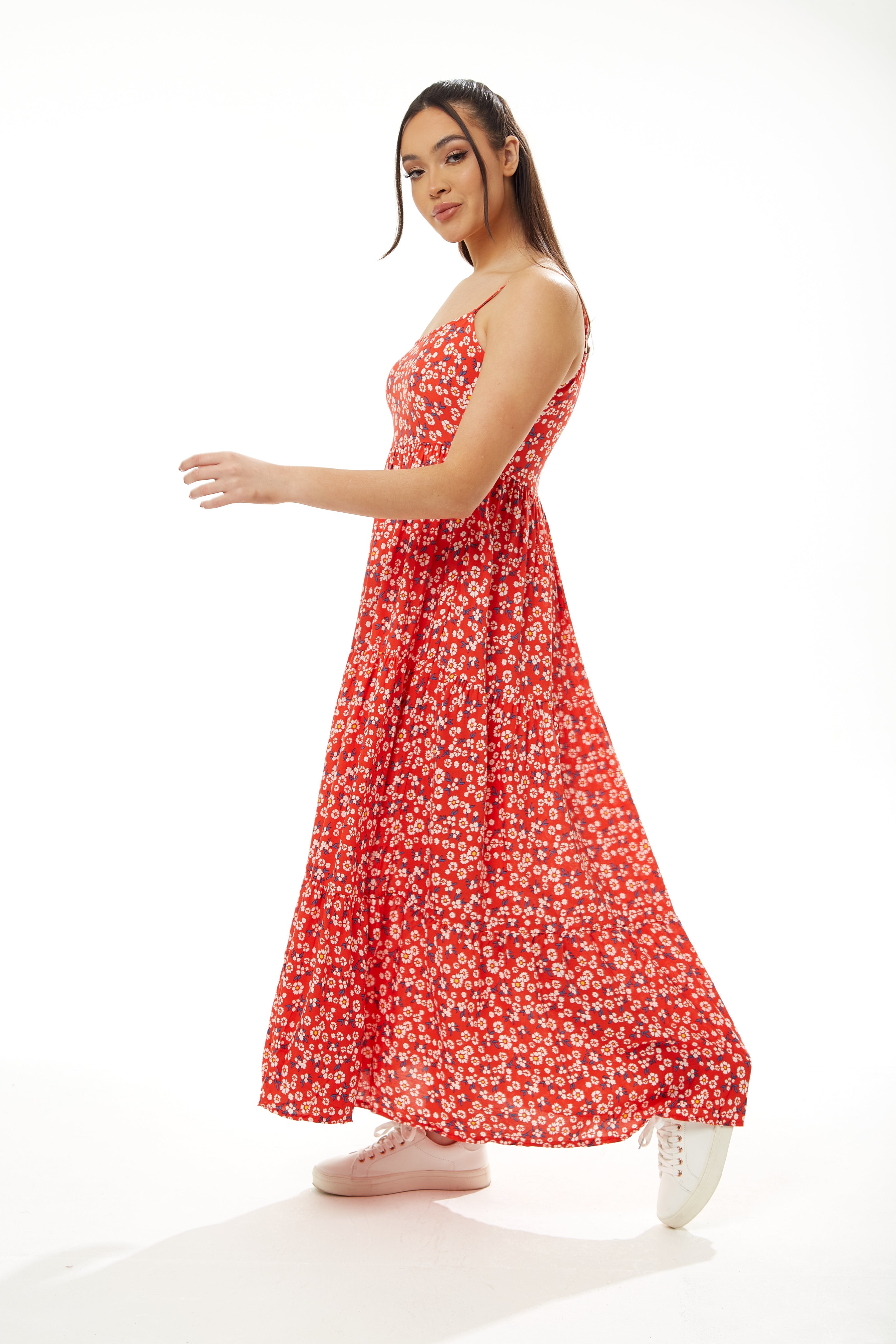 Women’s Maxi Dress, Red Floral Print, Sleeveless Smock Design, Elegant Summer Flow
