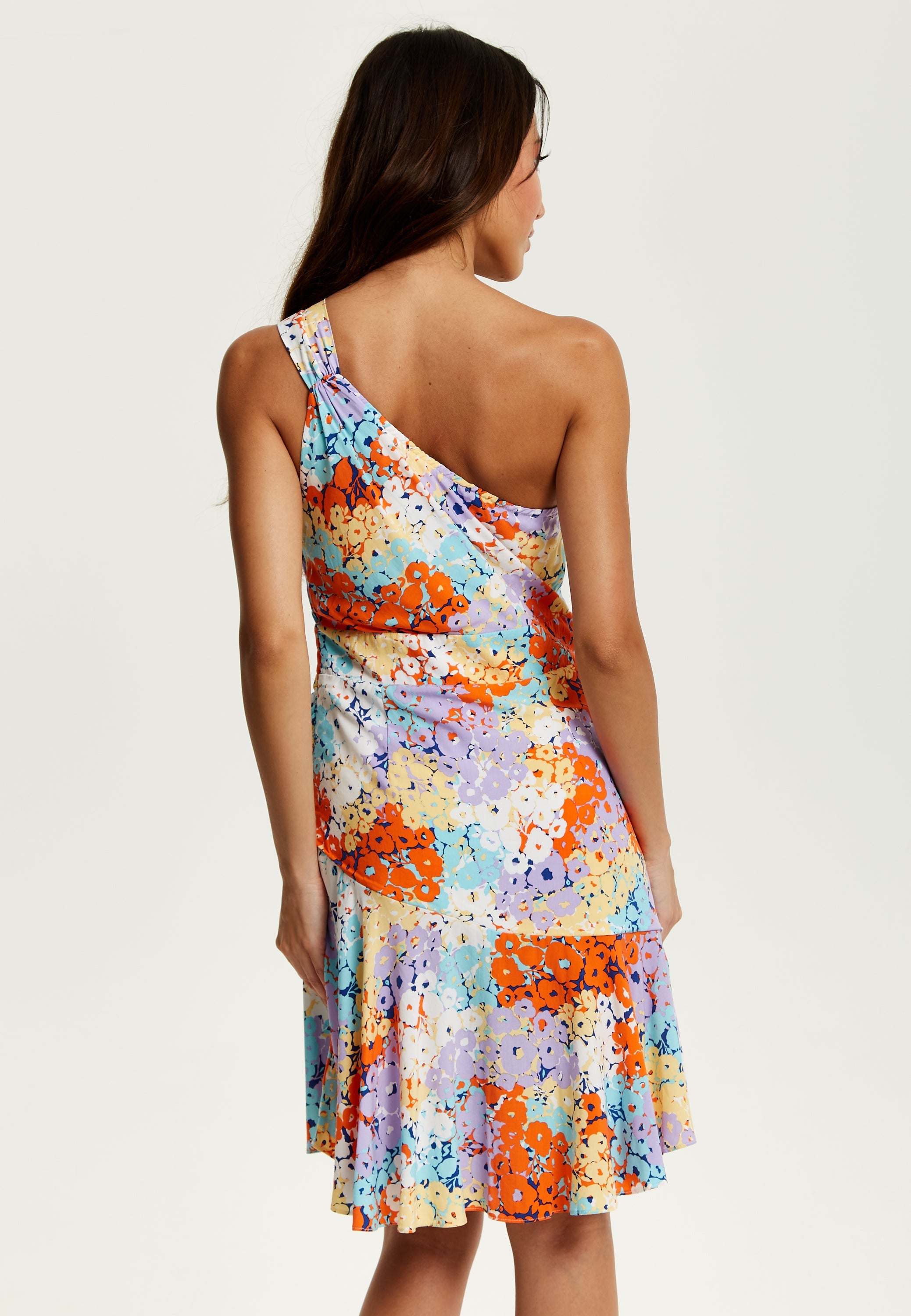 Women's Mini Dress with One Shoulder Style and Frill Details in Multicolour Floral Print - Liquorish