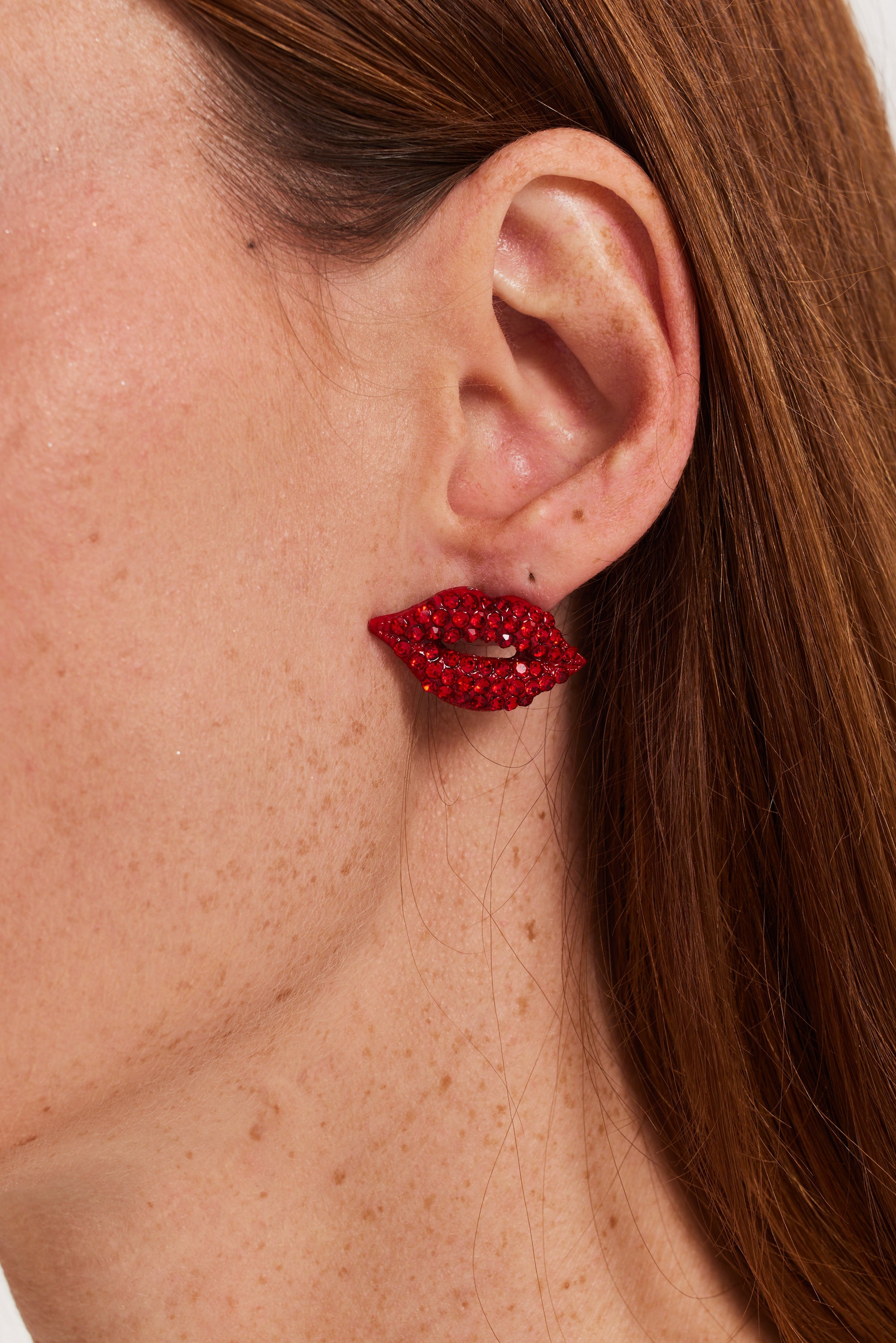 Liquorish Pair Of Lips Stud Earrings With Rhinestone Embellishment In Red