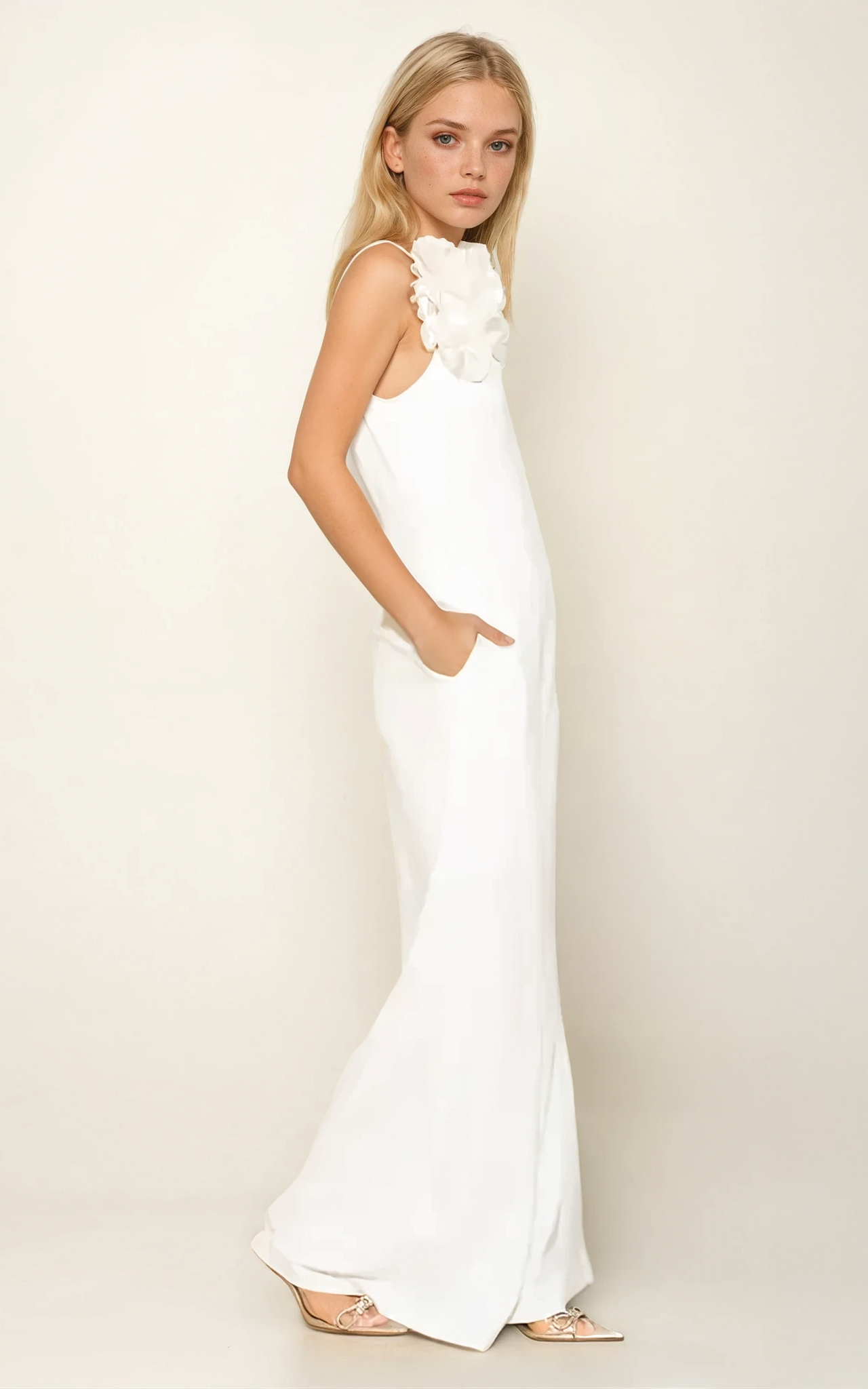 Elegant White Jumpsuit with Floral Shoulder Detail