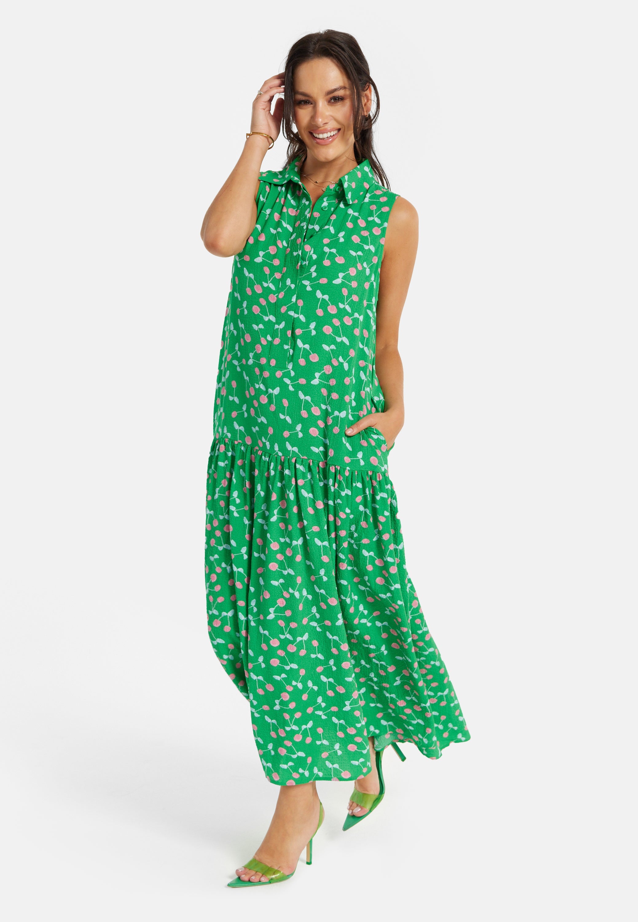 Women's Maxi Dress in Green with Sleeveless Design and Cherry Print by Liquorish