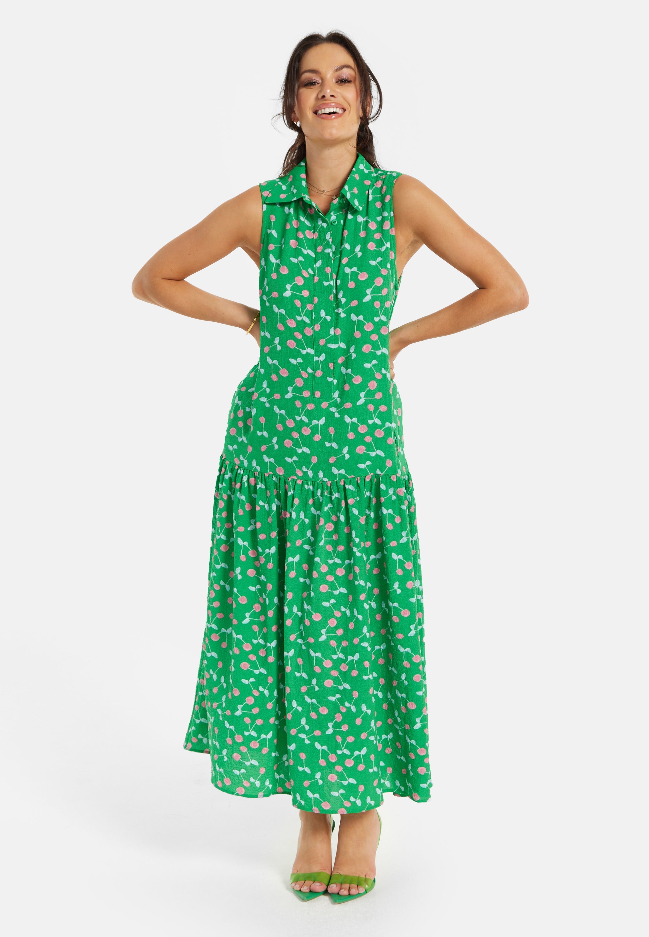 Women's Maxi Dress in Green with Sleeveless Design and Cherry Print by Liquorish