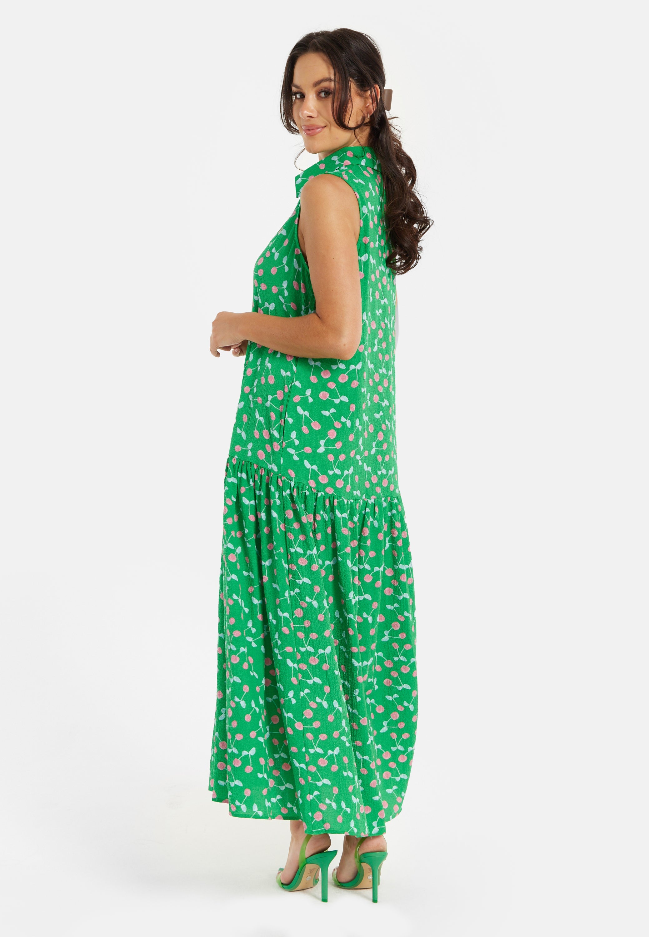 Women's Maxi Dress in Green with Sleeveless Design and Cherry Print by Liquorish