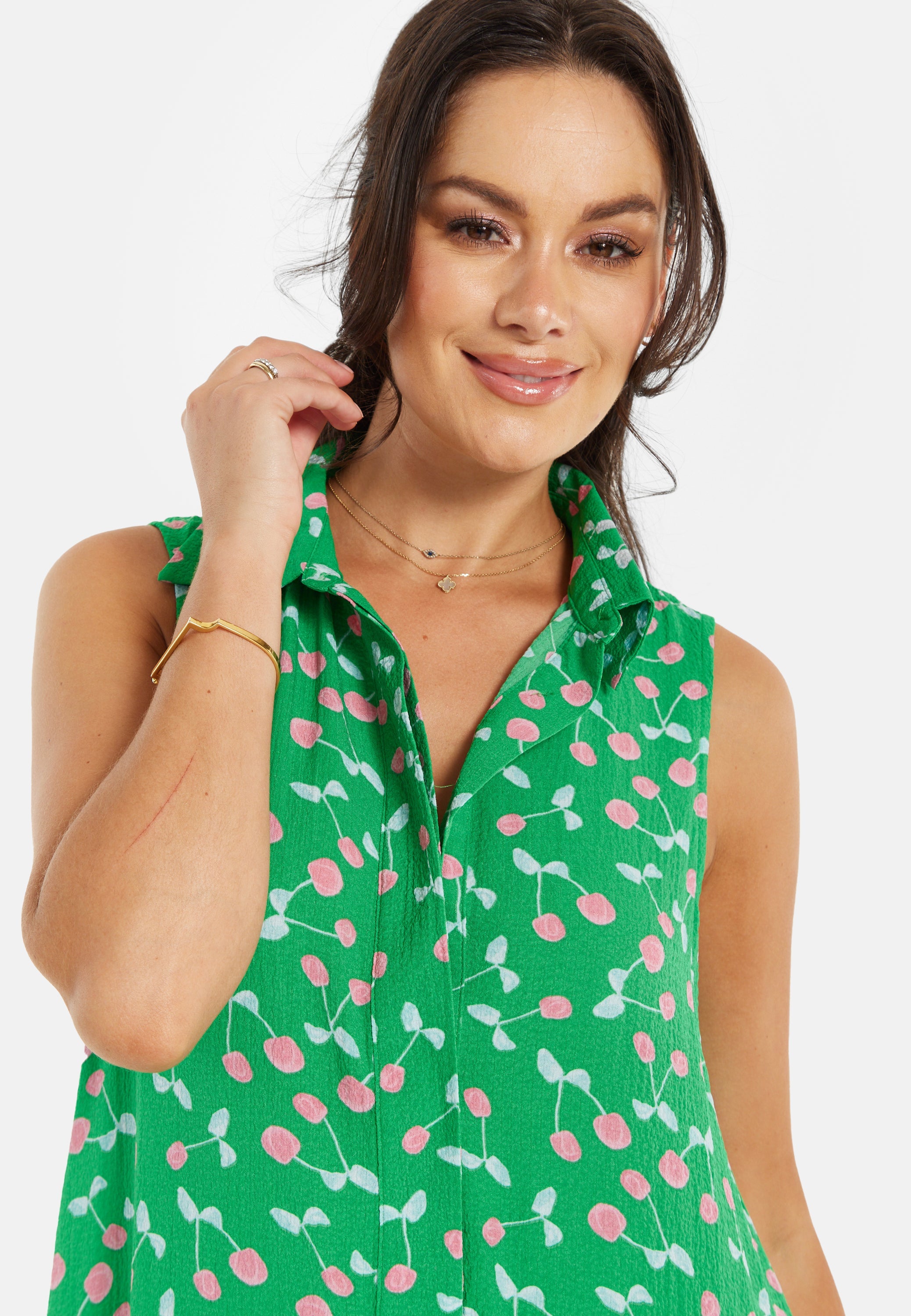 Women's Maxi Dress in Green with Sleeveless Design and Cherry Print by Liquorish