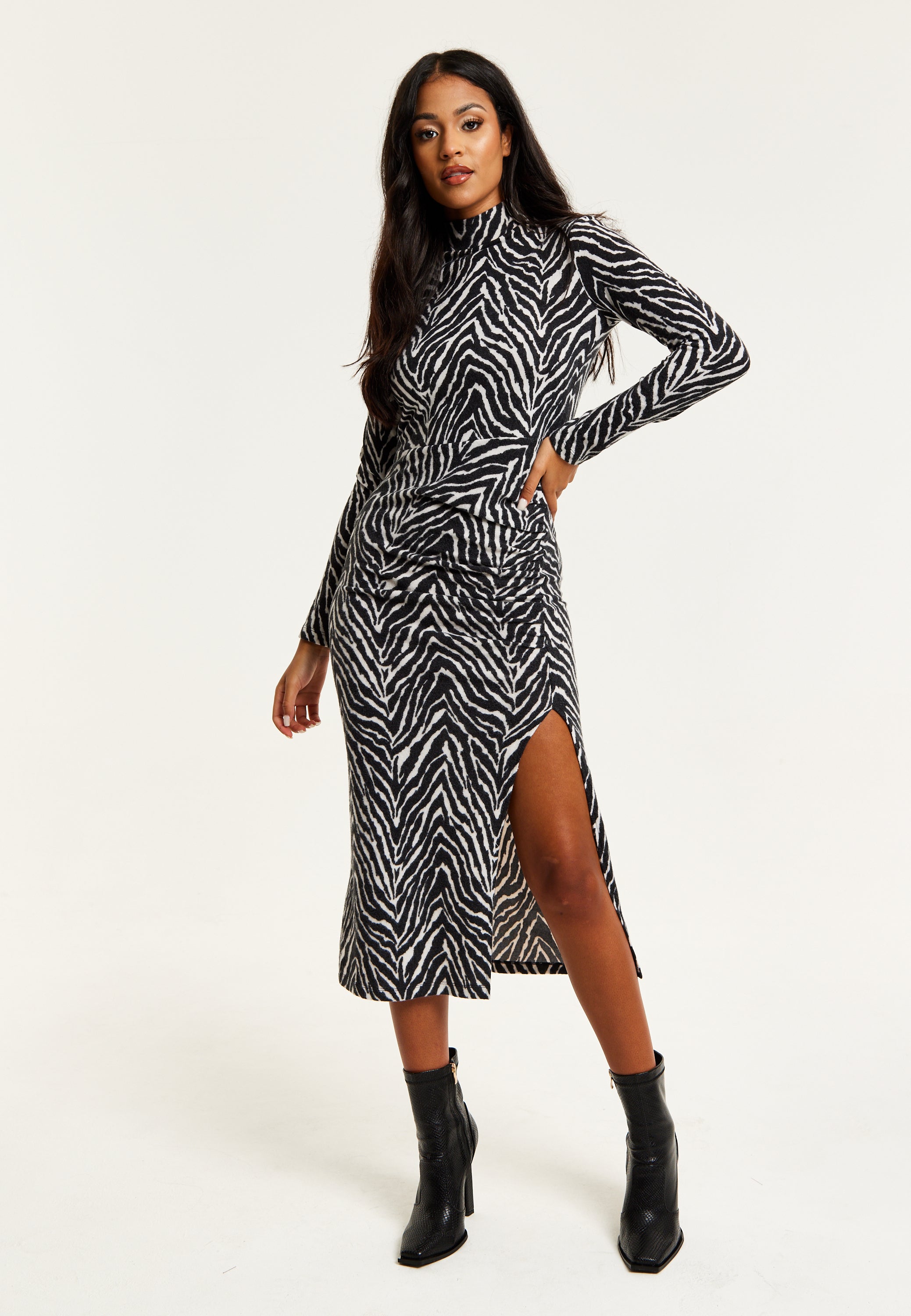 Women's Midi Dress in Black and White Zebra Print with Long Sleeves - Liquorish