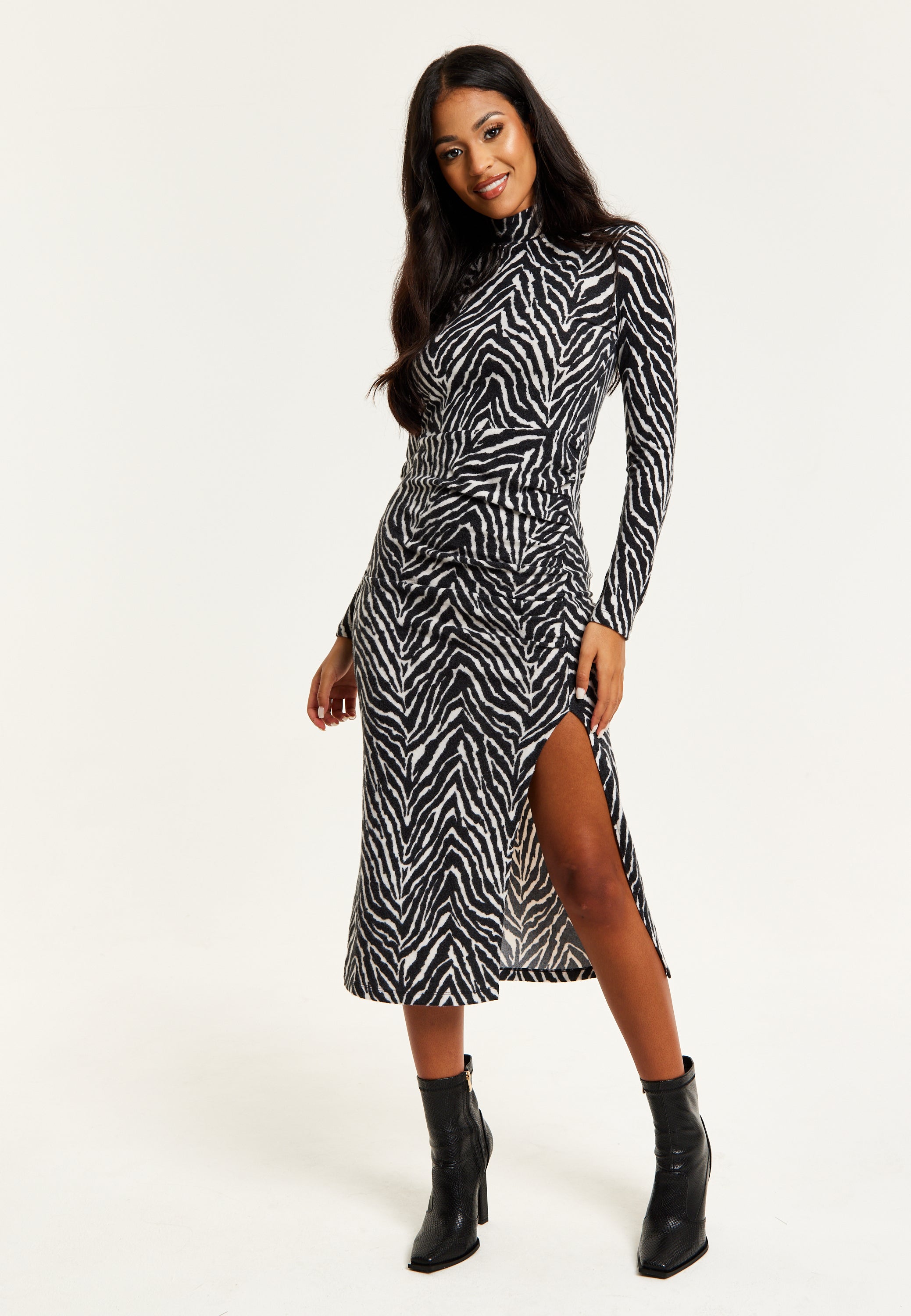 Women's Midi Dress in Black and White Zebra Print with Long Sleeves - Liquorish