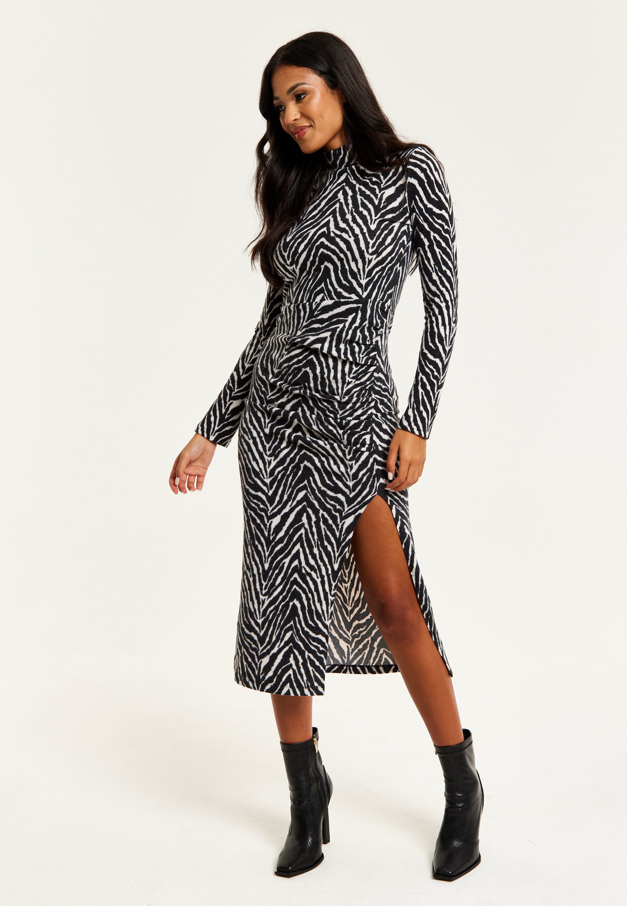 Women's Midi Dress in Black and White Zebra Print with Long Sleeves - Liquorish