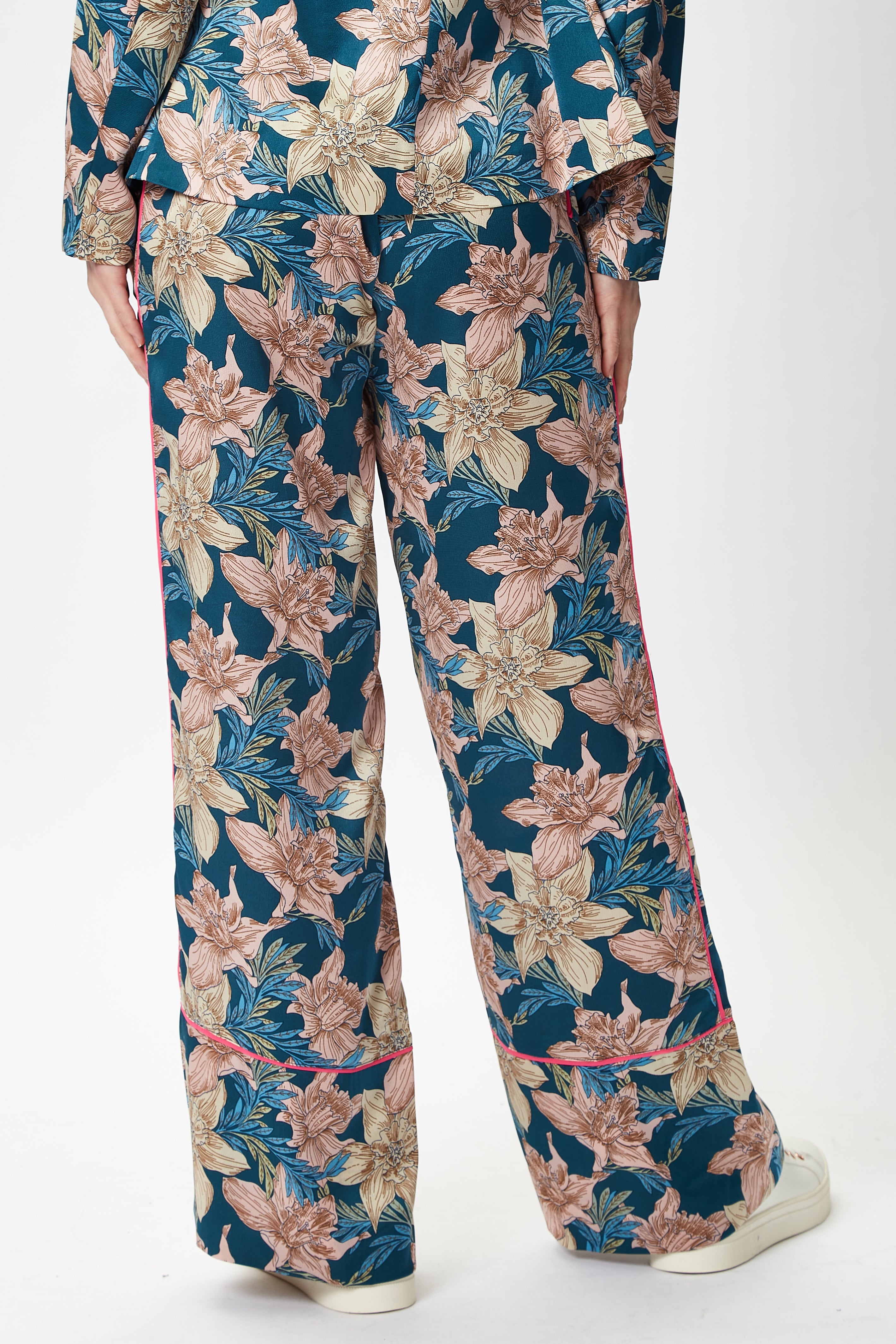 Women's Trousers with Floral Pattern and Neon Piping, Mid-Rise Waist, Regular Fit - Liquorish
