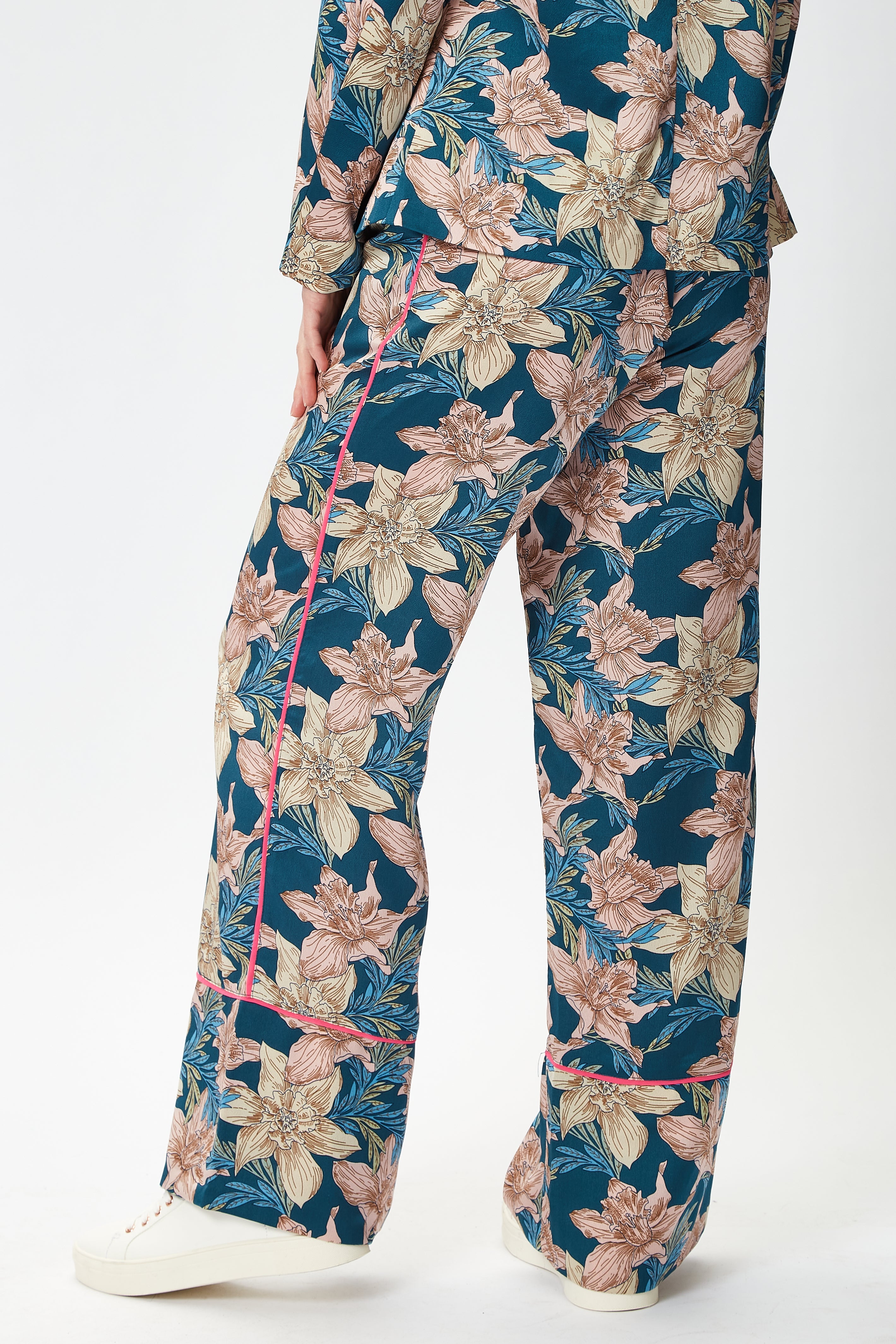 Women's Trousers with Floral Pattern and Neon Piping, Mid-Rise Waist, Regular Fit - Liquorish