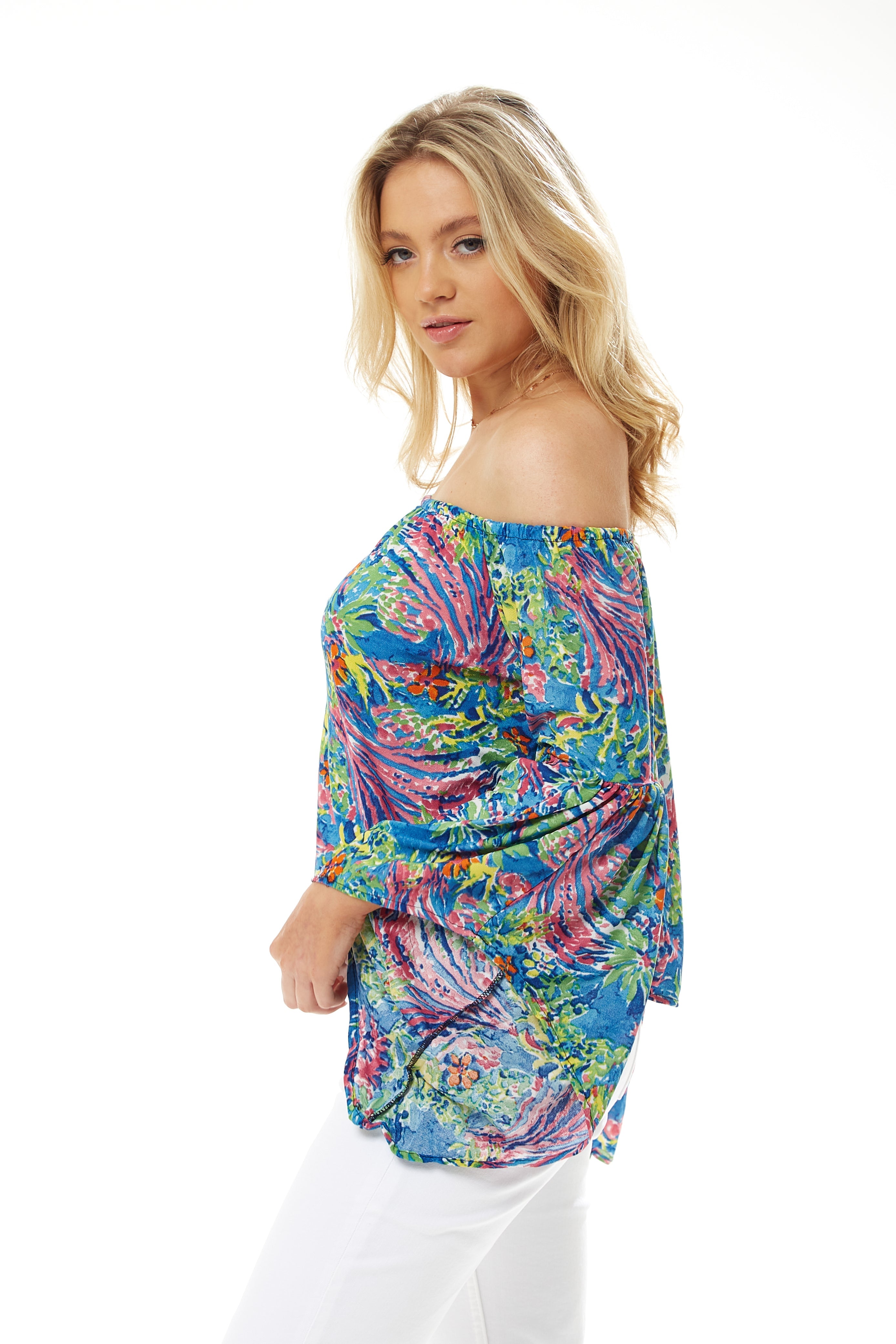 Women's Off Shoulder Multicolour Floral Print Top - Summer Style, Regular Fit, Short Sleeves, UK Sizes S- L