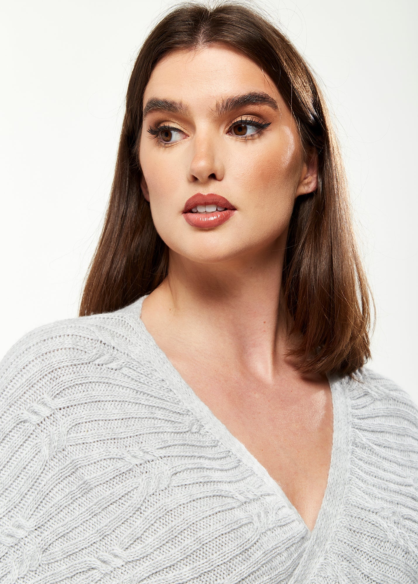 Women's Cardigan in Grey with Ribbed Pattern, Batwing Sleeves & Knot Detail - Liquorish