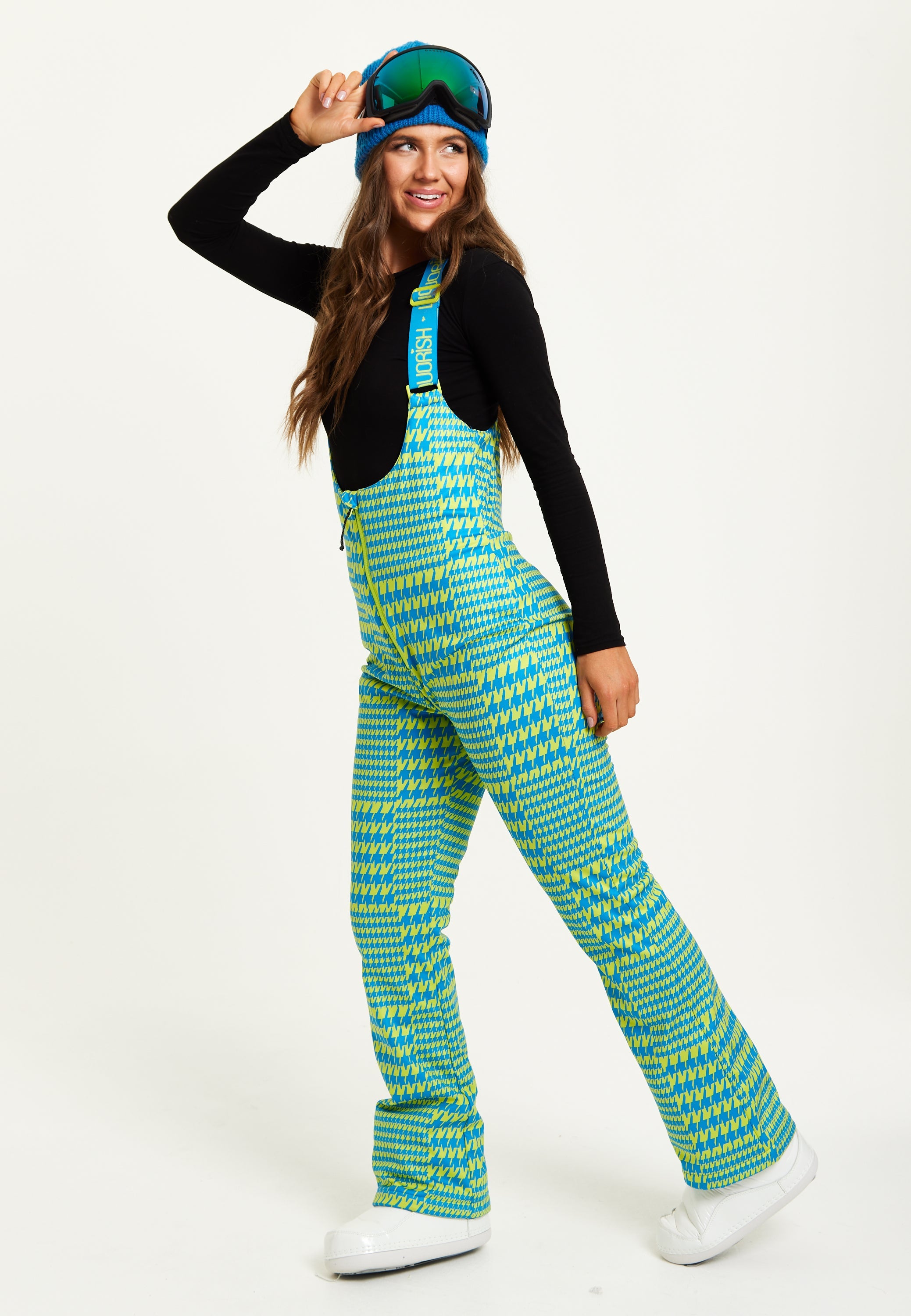 Women's Ski Waterproof Salopette In Multi Dogtooth Print - Sleeveless, Adjustable Straps, Skinny Fit, Zip Fastening