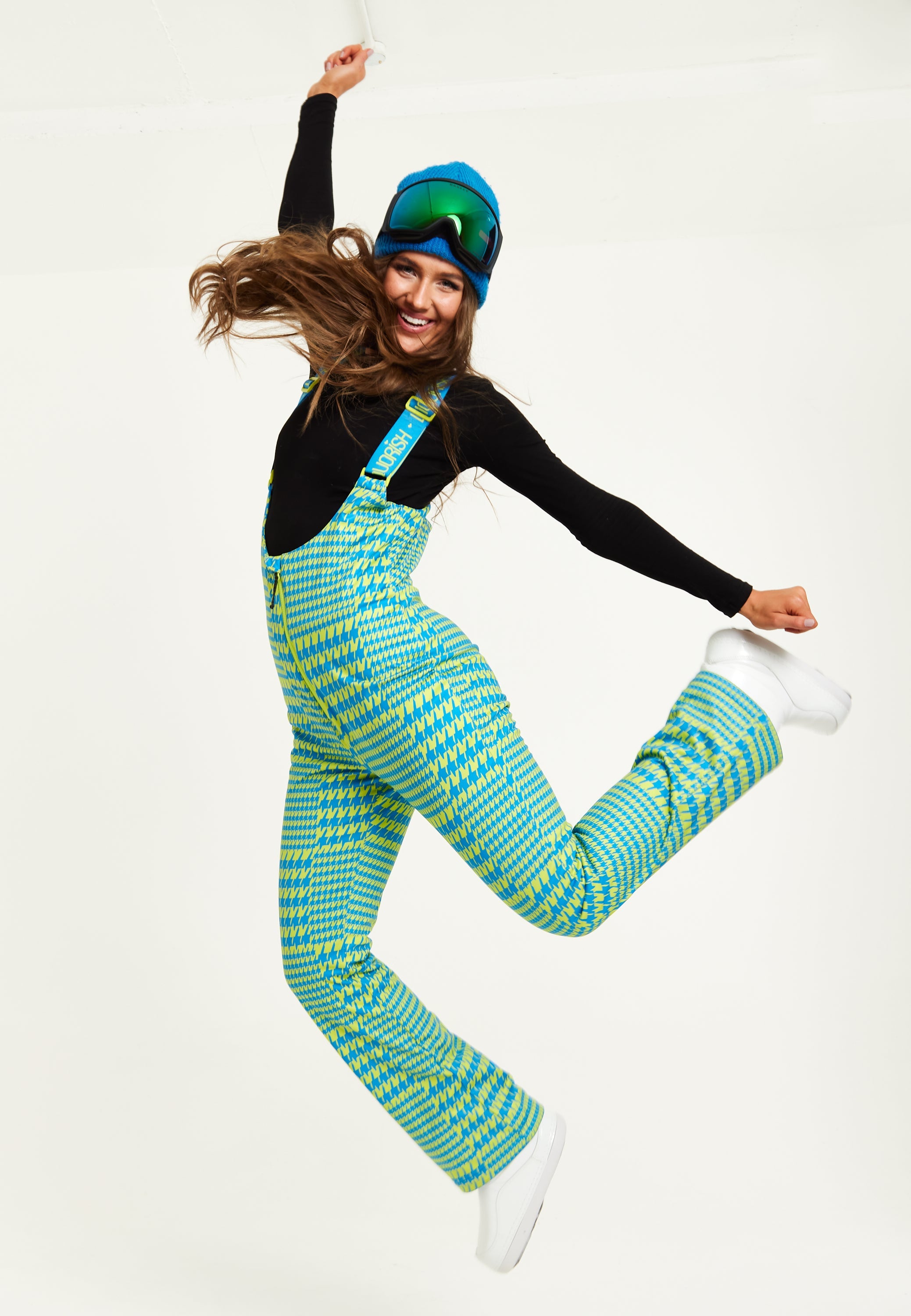 Women's Ski Waterproof Salopette In Multi Dogtooth Print - Sleeveless, Adjustable Straps, Skinny Fit, Zip Fastening