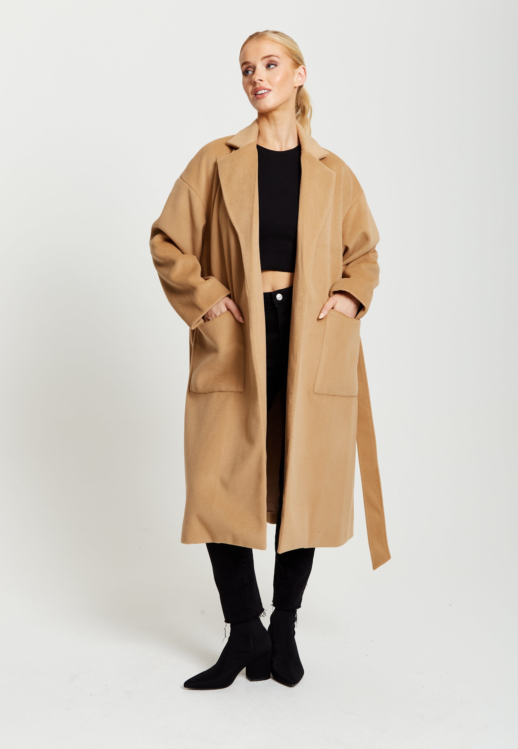 Women's Camel Longline Coat with Notch Collar, Tie Waist, and Side Pockets - Relaxed Fit, Liquorish