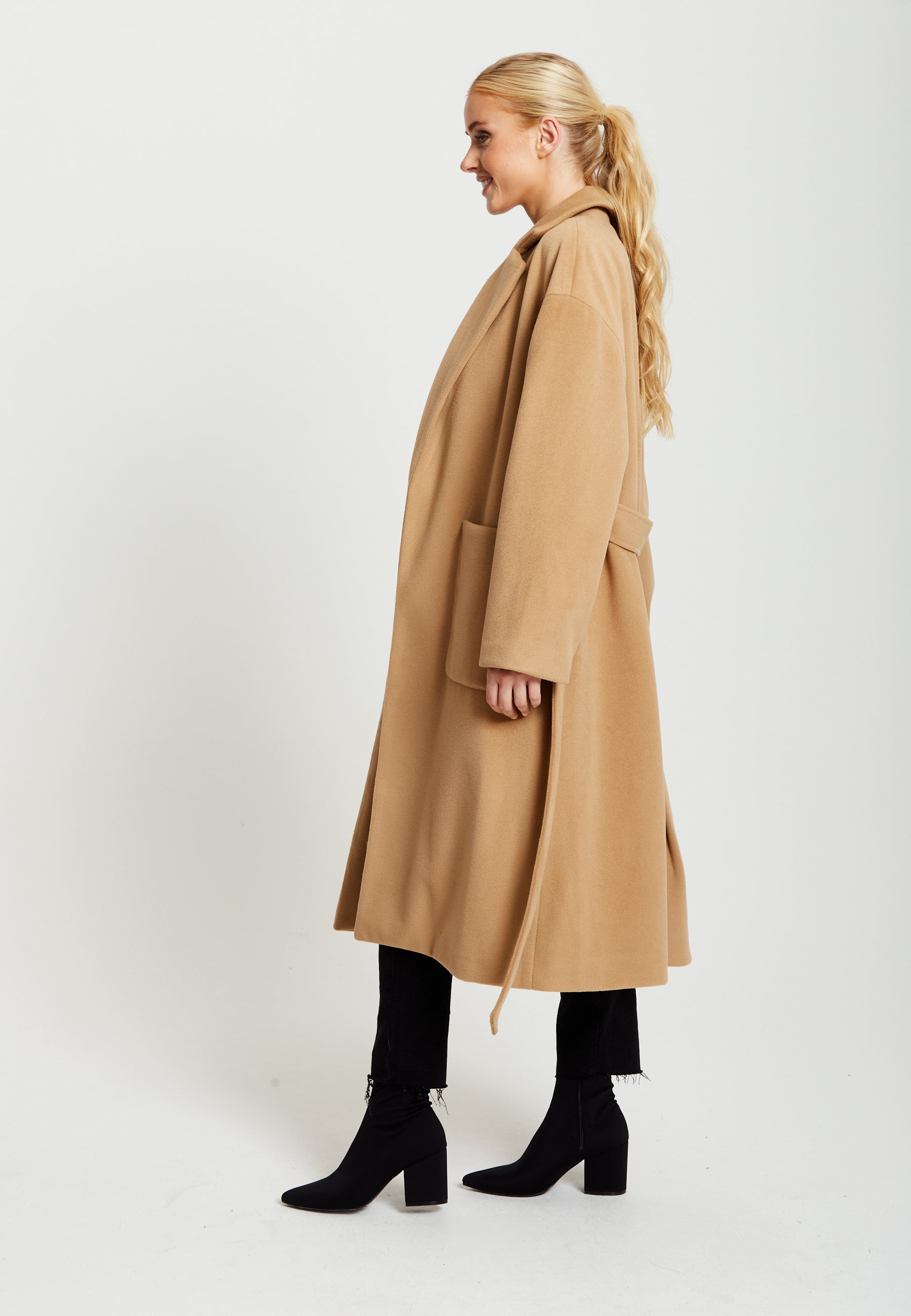 Women's Camel Longline Coat with Notch Collar, Tie Waist, and Side Pockets - Relaxed Fit, Liquorish