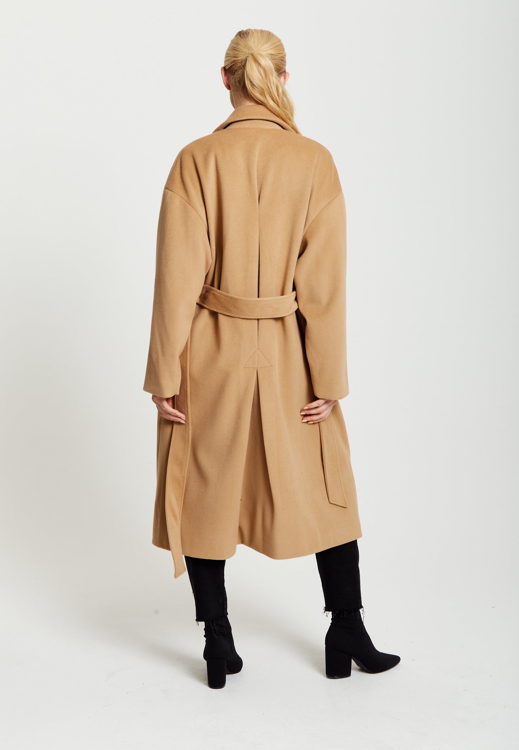 Women's Camel Longline Coat with Notch Collar, Tie Waist, and Side Pockets - Relaxed Fit, Liquorish