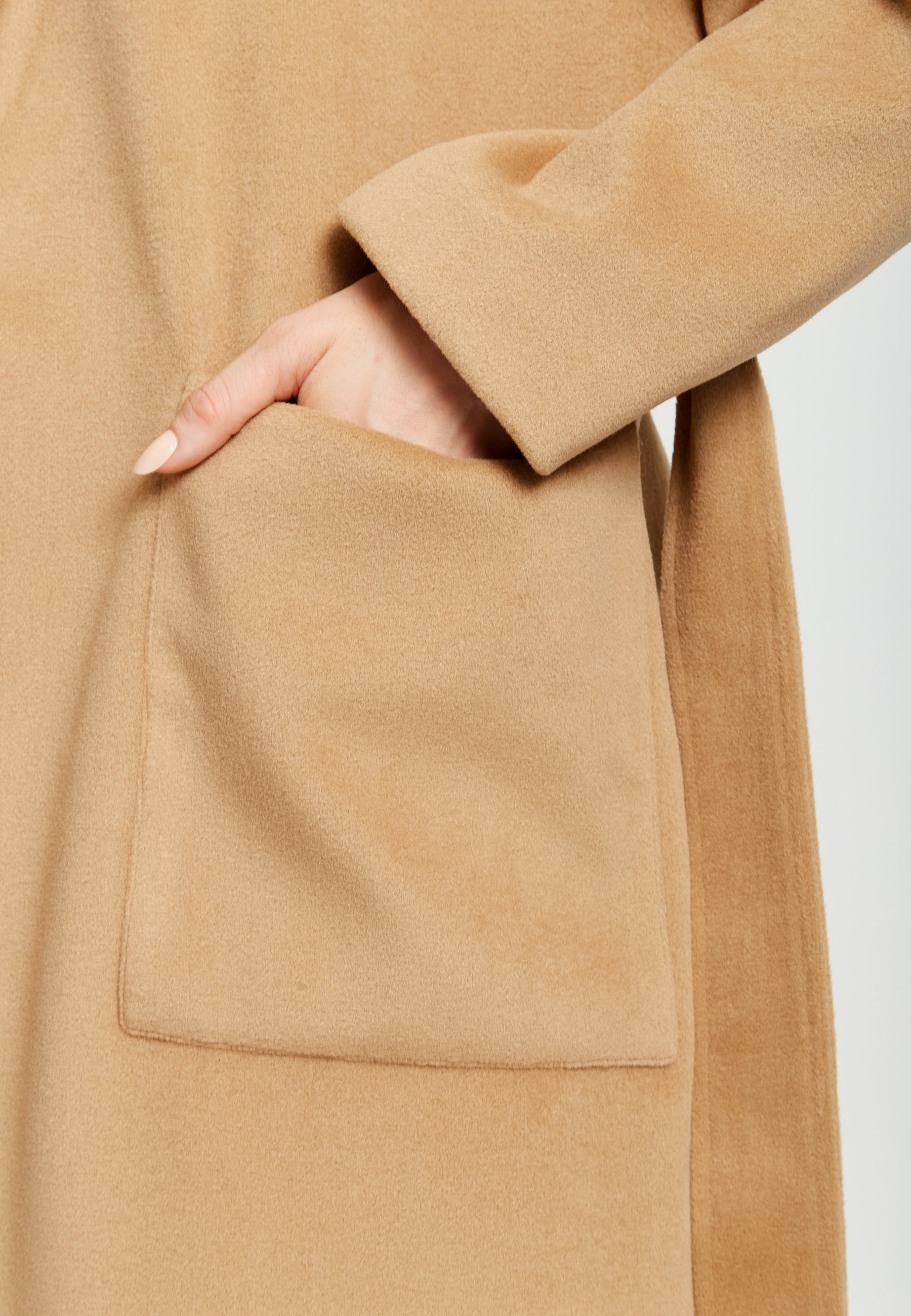 Women's Camel Longline Coat with Notch Collar, Tie Waist, and Side Pockets - Relaxed Fit, Liquorish