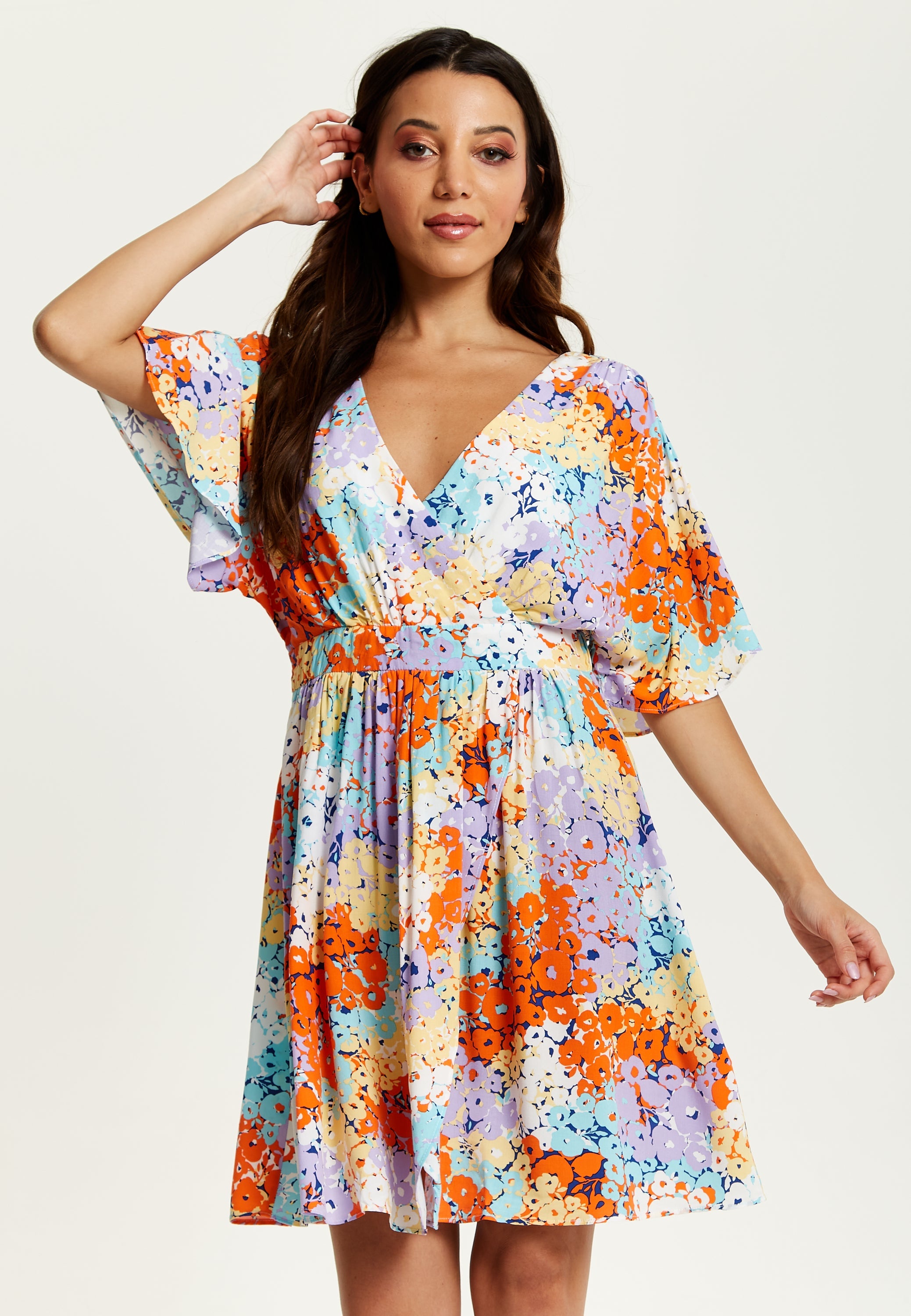 Women's Mini Dress with Open Back and Elasticated Waist in Multicolour Floral Print - Liquorish