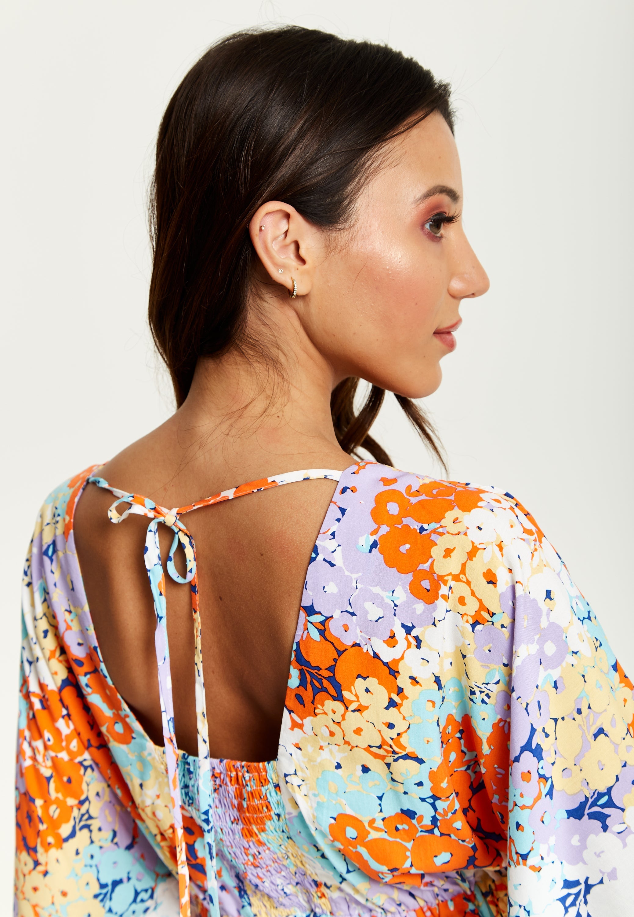 Women's Mini Dress with Open Back and Elasticated Waist in Multicolour Floral Print - Liquorish