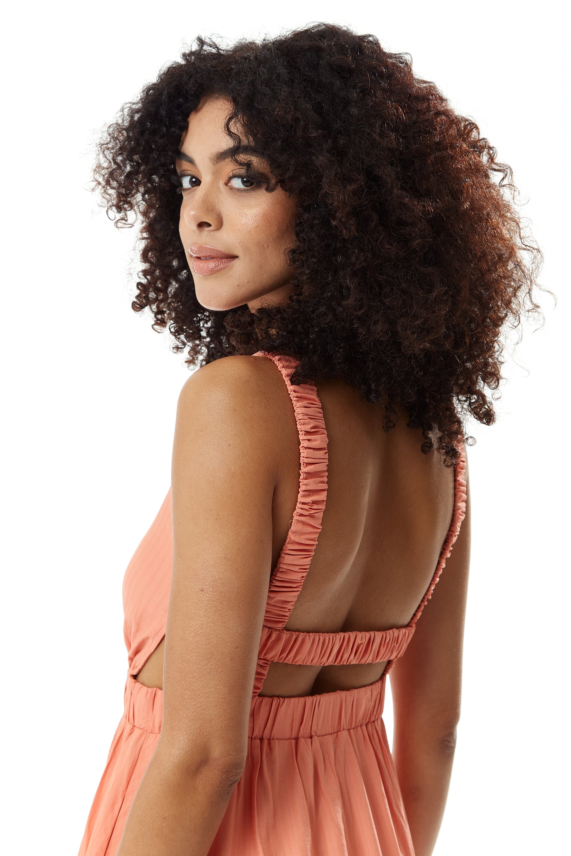 Women's Midi Dress in Plain Orange with Open Back, Sleeveless Design, and Elasticated Waist - Liquorish