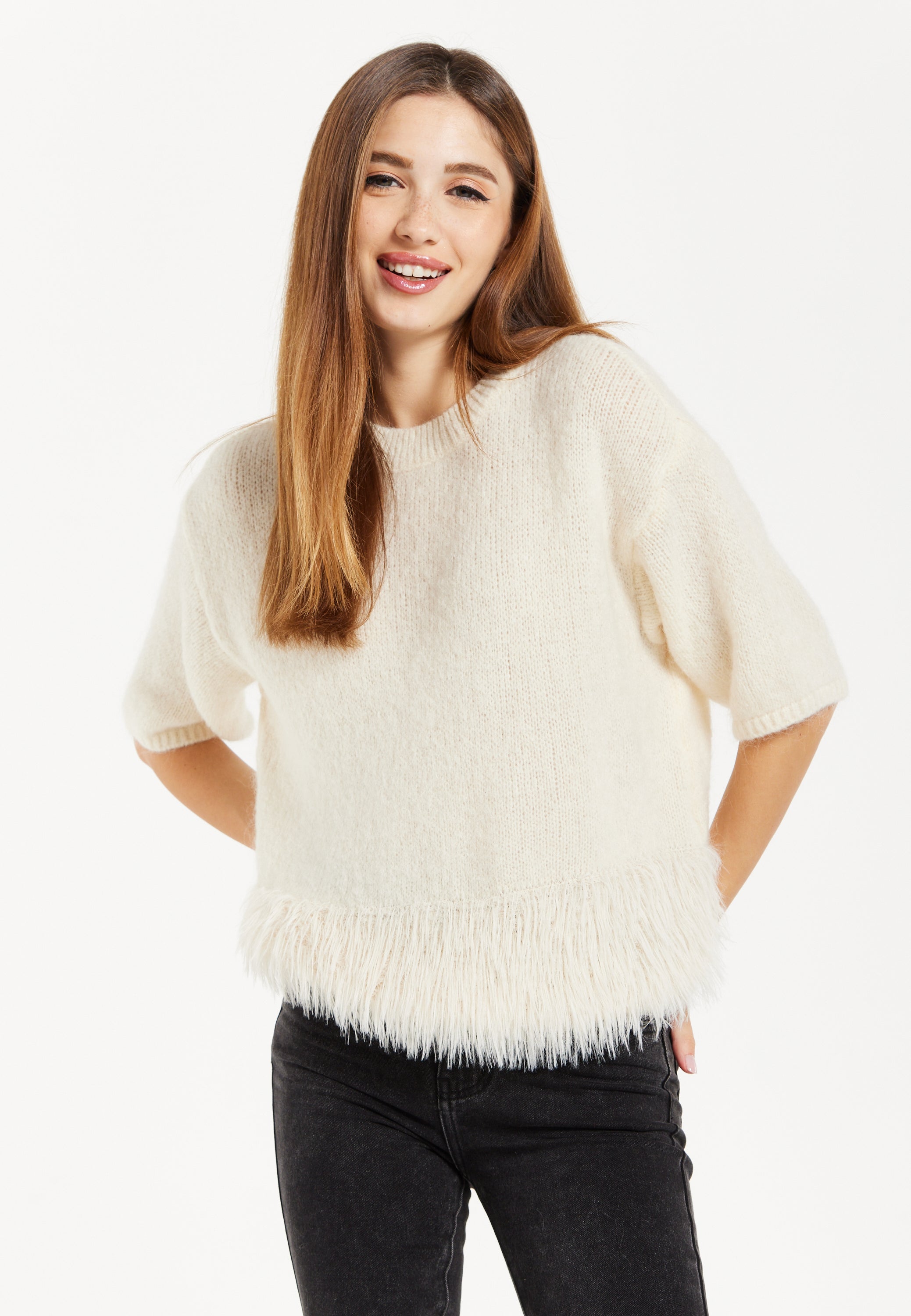 Women's Cream Short Sleeves Jumper with Chic Hem Detail and Loose Fit Design