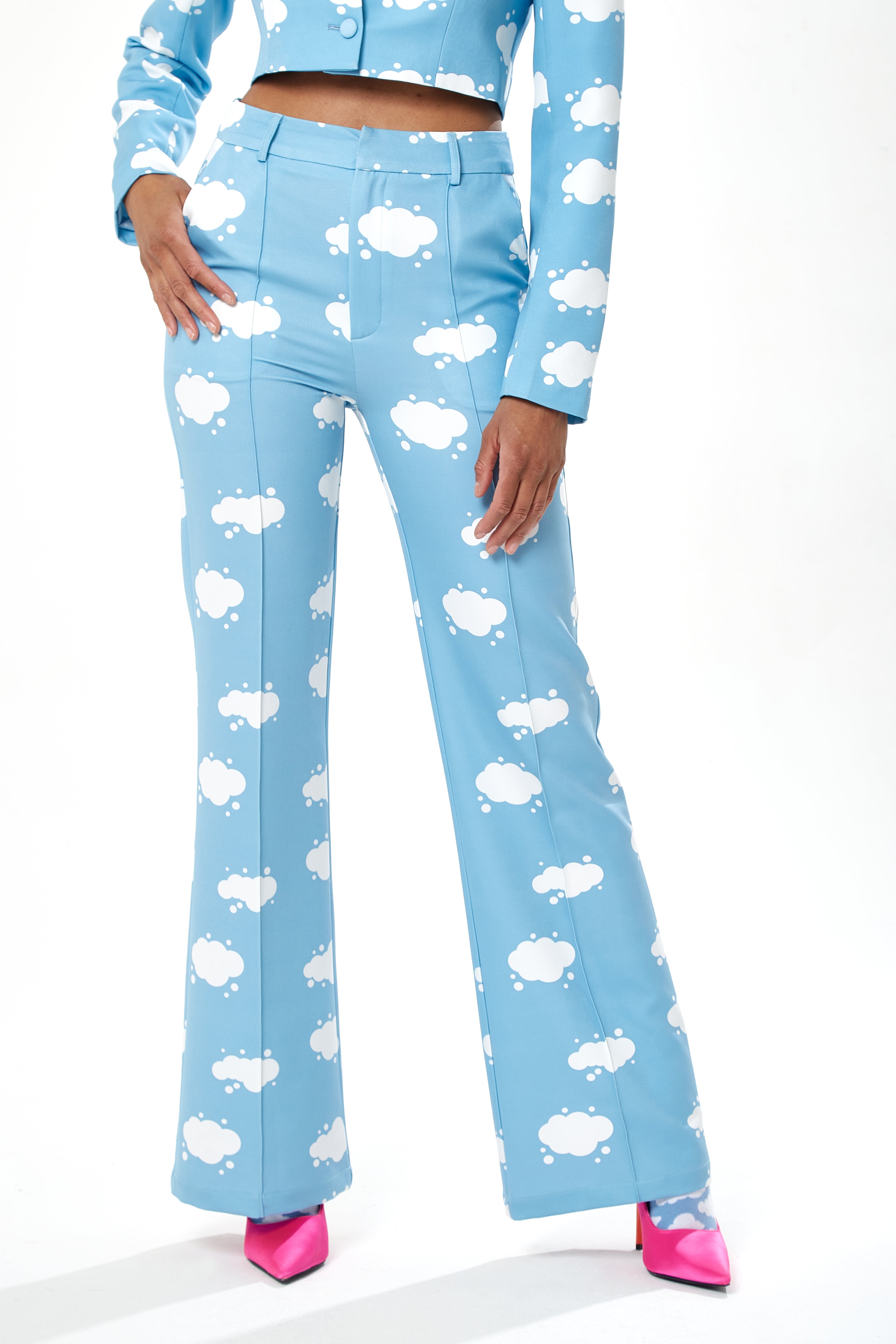 Women's Trousers in Blue with Flare Leg and All-Over Print - Tailored Fit by Liquorish