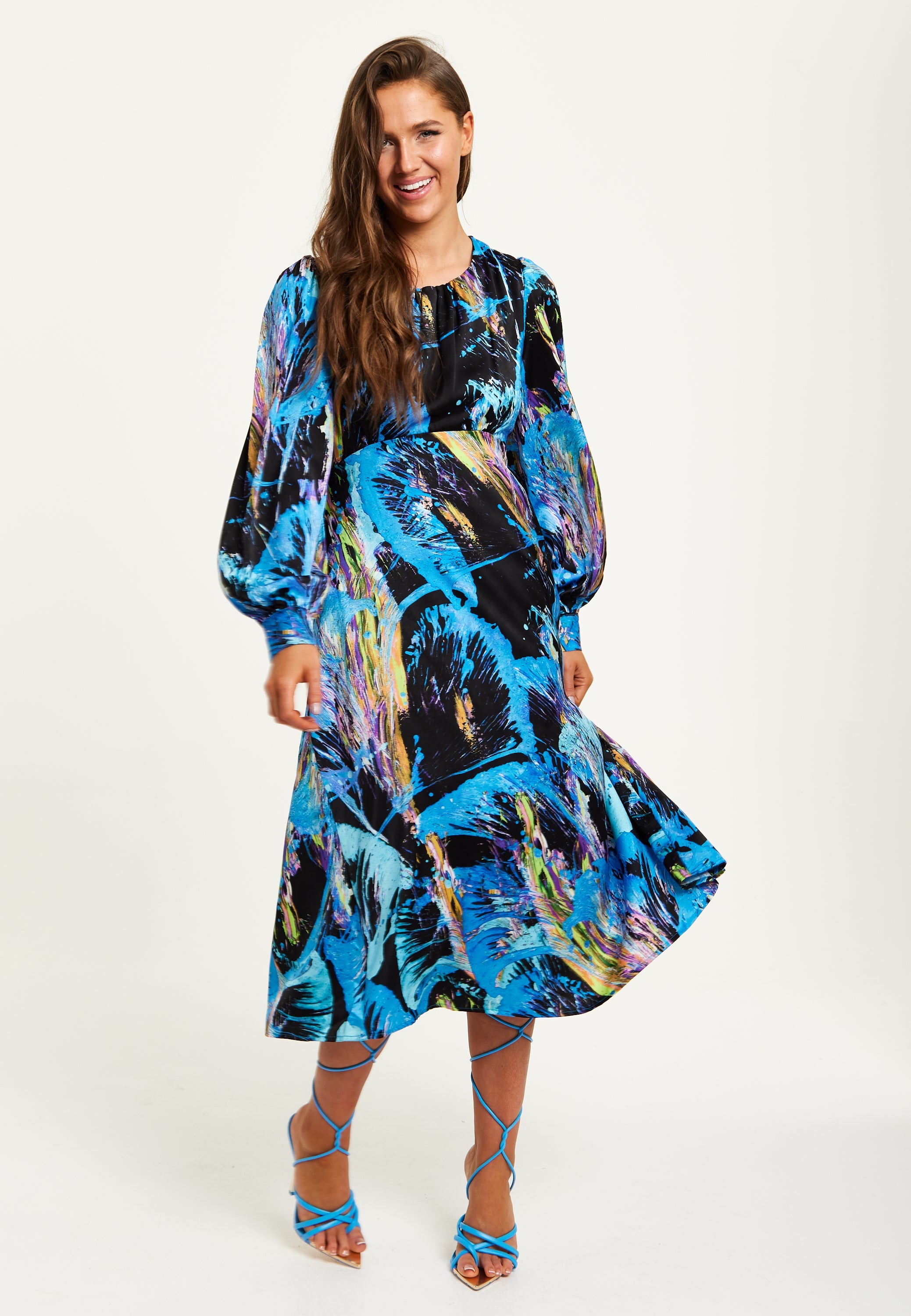 Women's Midi Dress in Multicolour Abstract Print with Long Sleeves and Tie Waist - Liquorish