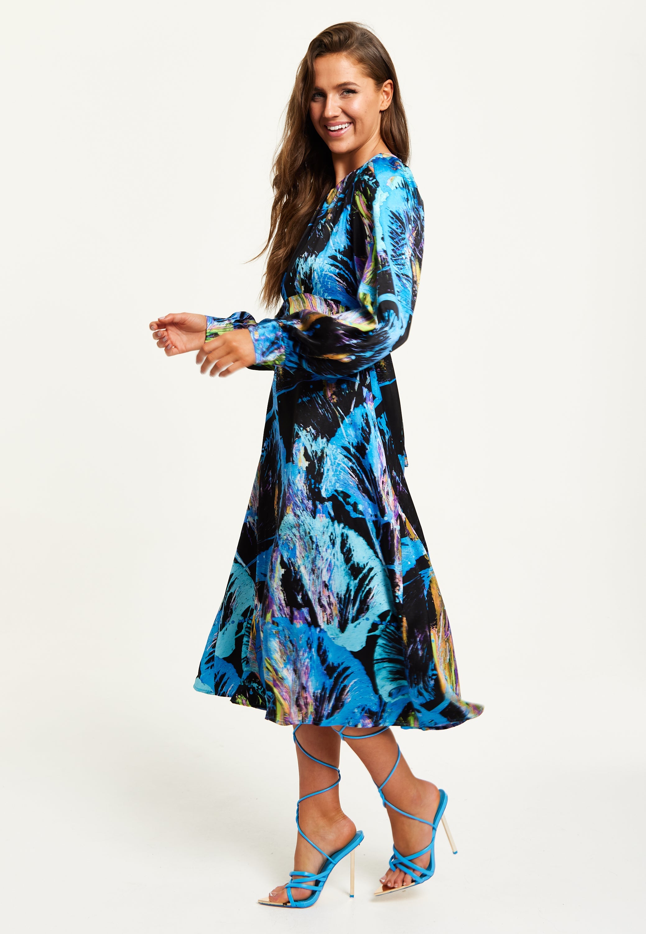 Women's Midi Dress in Multicolour Abstract Print with Long Sleeves and Tie Waist - Liquorish