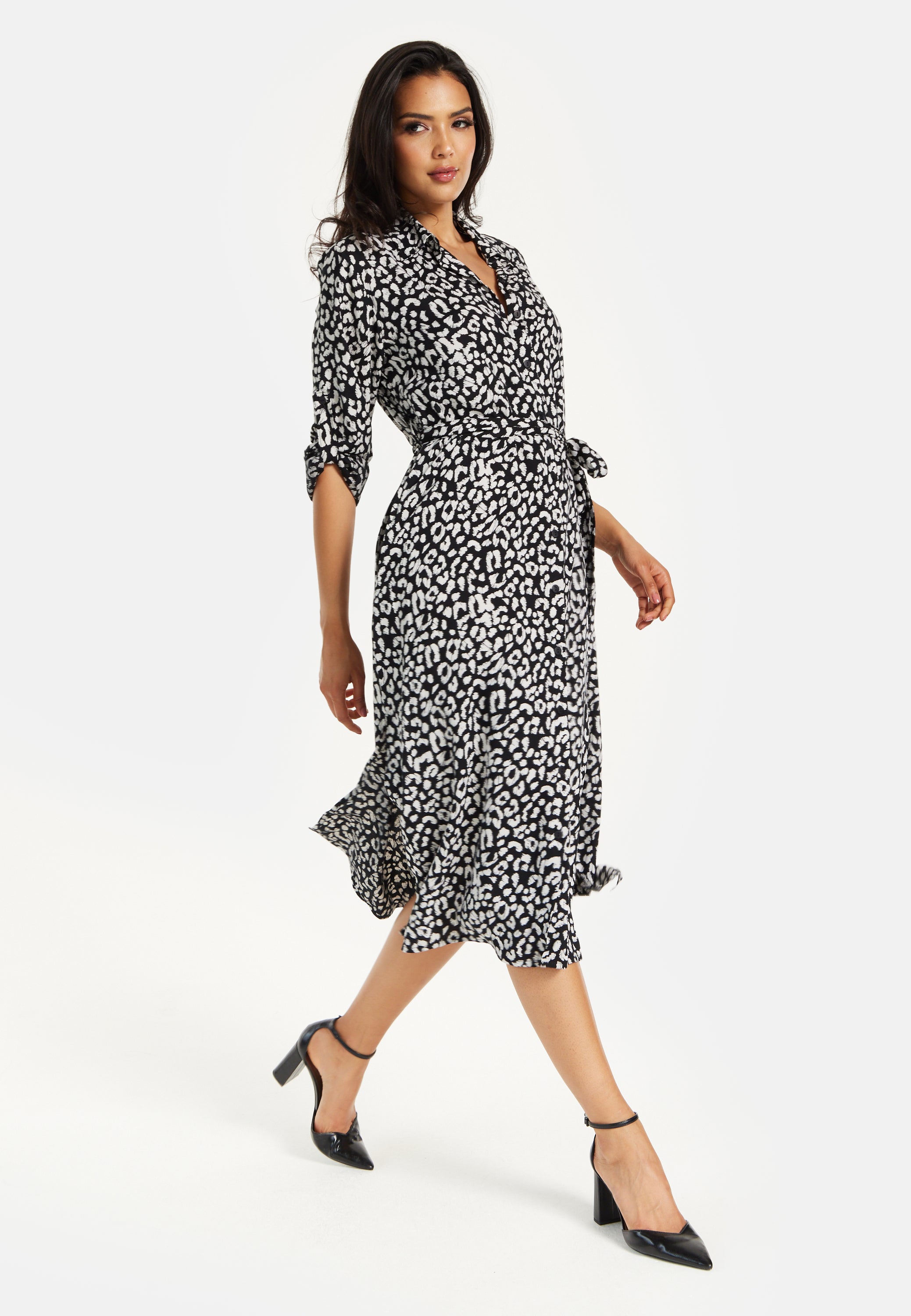 Women's Midi Dress in Leopard Print with Roll-Up Sleeves - Stylish Button Through Design by Liquorish