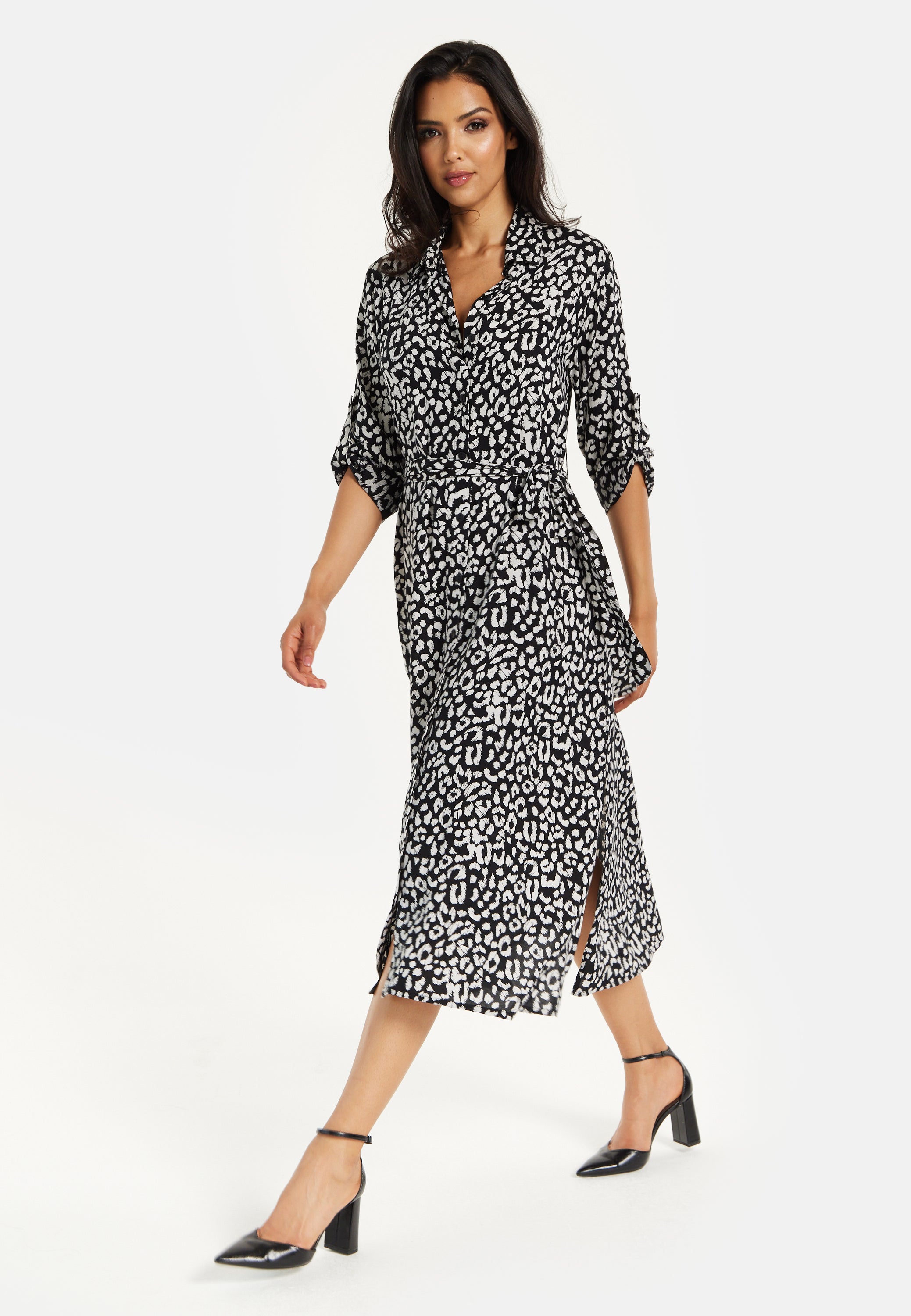 Women's Midi Dress in Leopard Print with Roll-Up Sleeves - Stylish Button Through Design by Liquorish