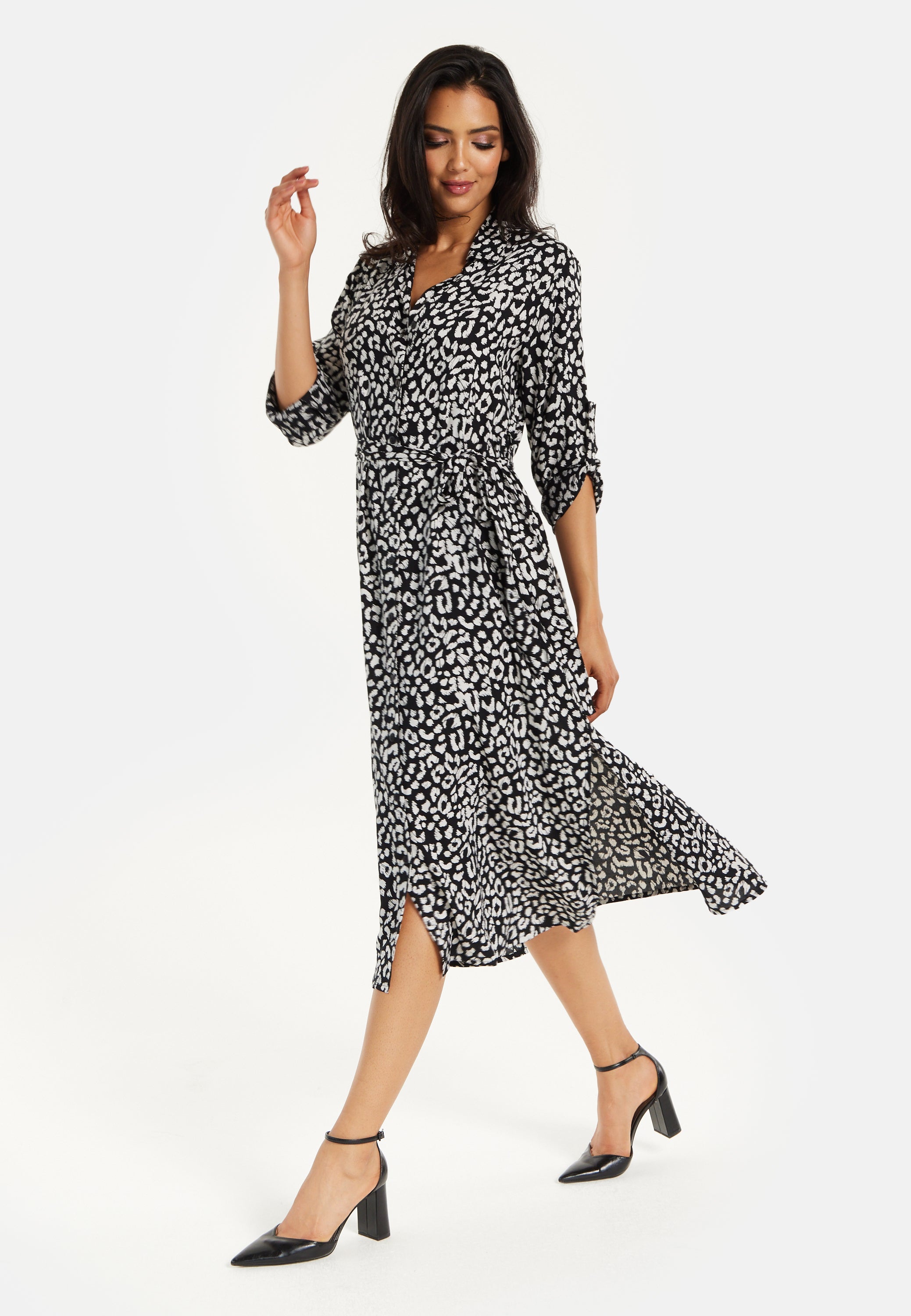 Women's Midi Dress in Leopard Print with Roll-Up Sleeves - Stylish Button Through Design by Liquorish