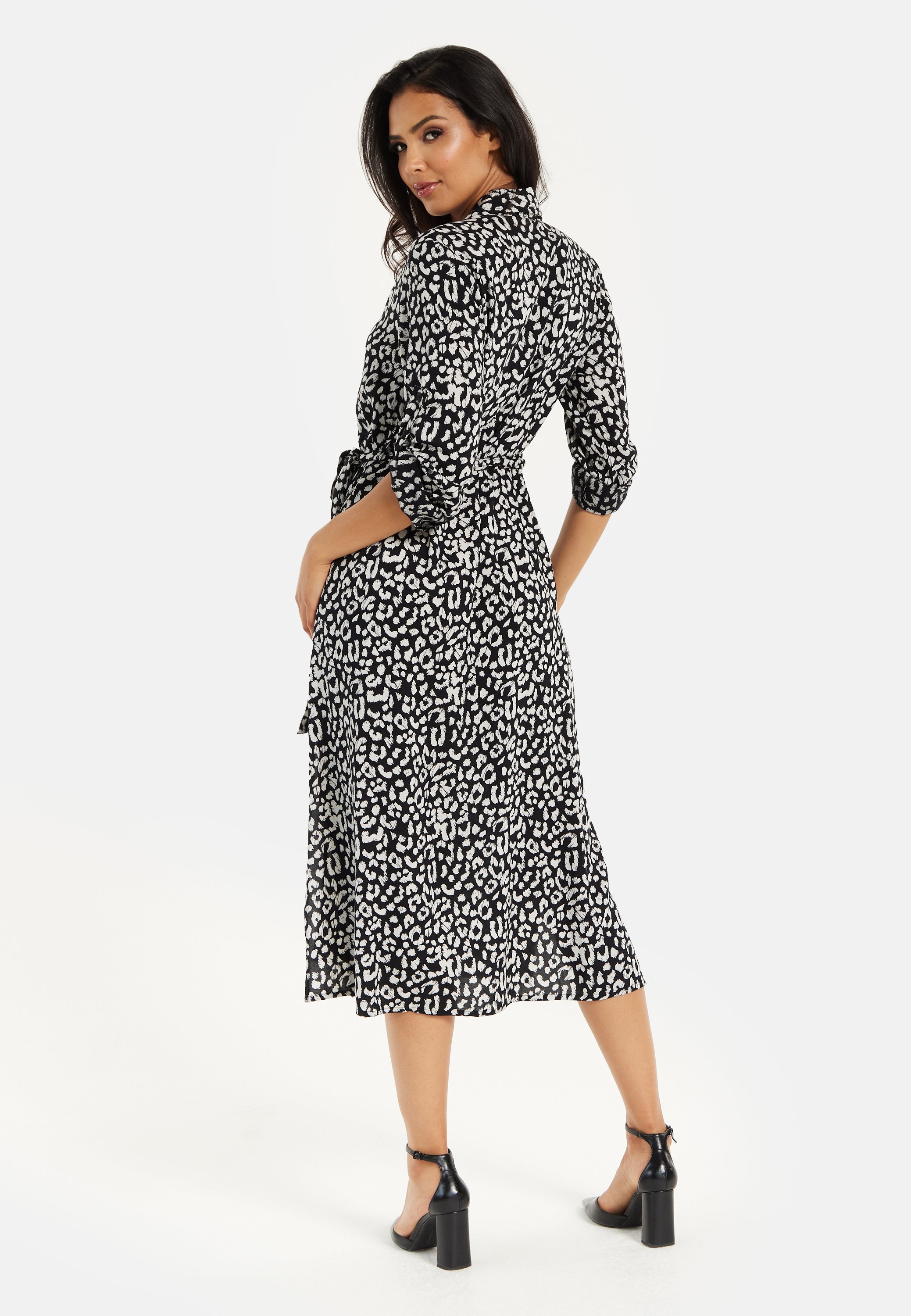 Women's Midi Dress in Leopard Print with Roll-Up Sleeves - Stylish Button Through Design by Liquorish