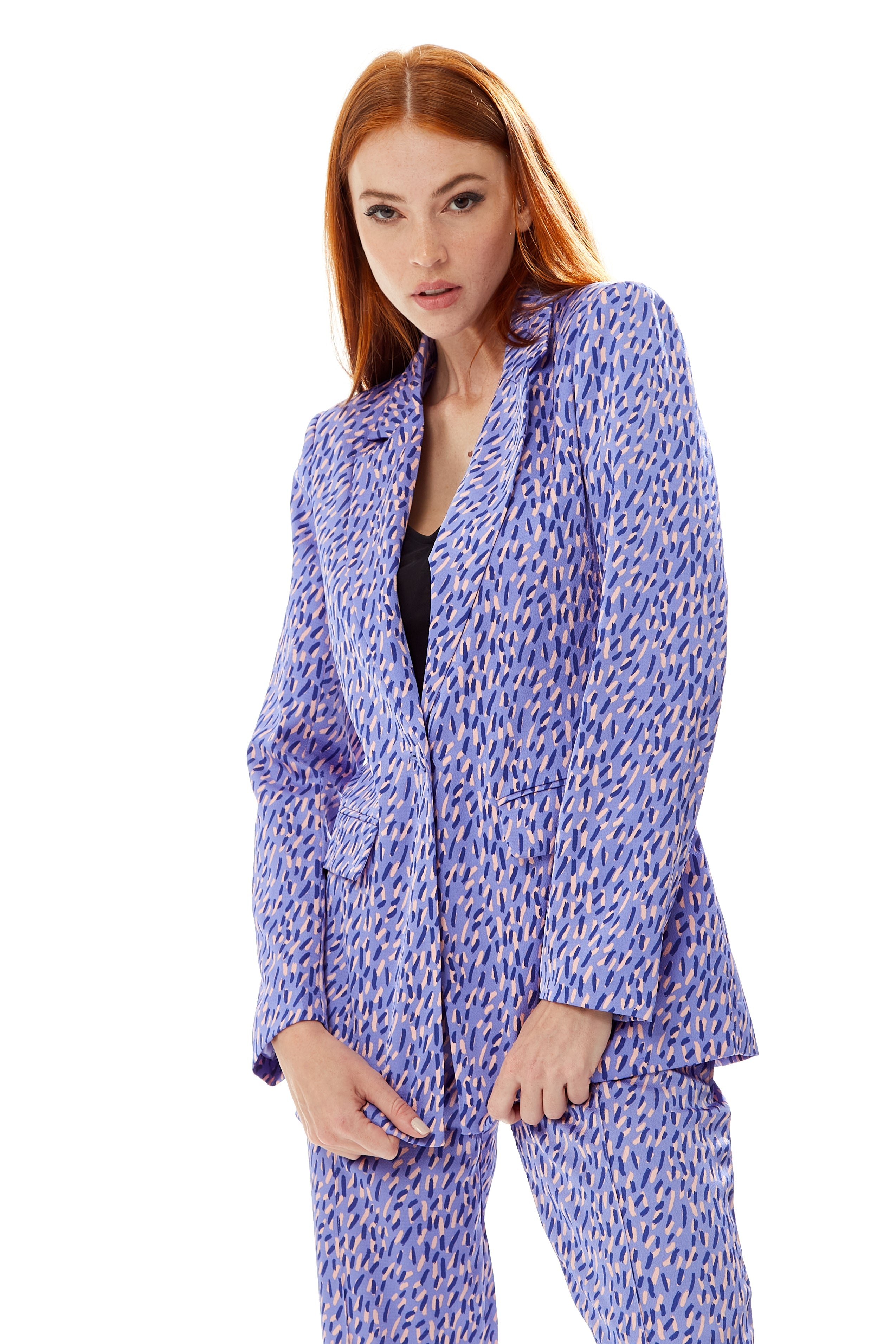 Women's Blazer in Purple with Stroke Print, Relaxed Fit, Padded Shoulders, Liquorish