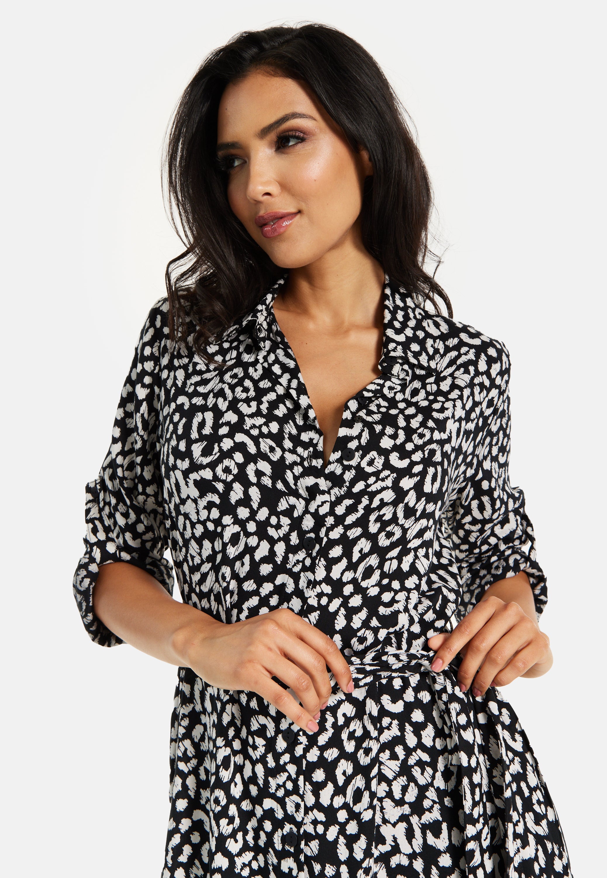 Women's Midi Dress in Leopard Print with Roll-Up Sleeves - Stylish Button Through Design by Liquorish