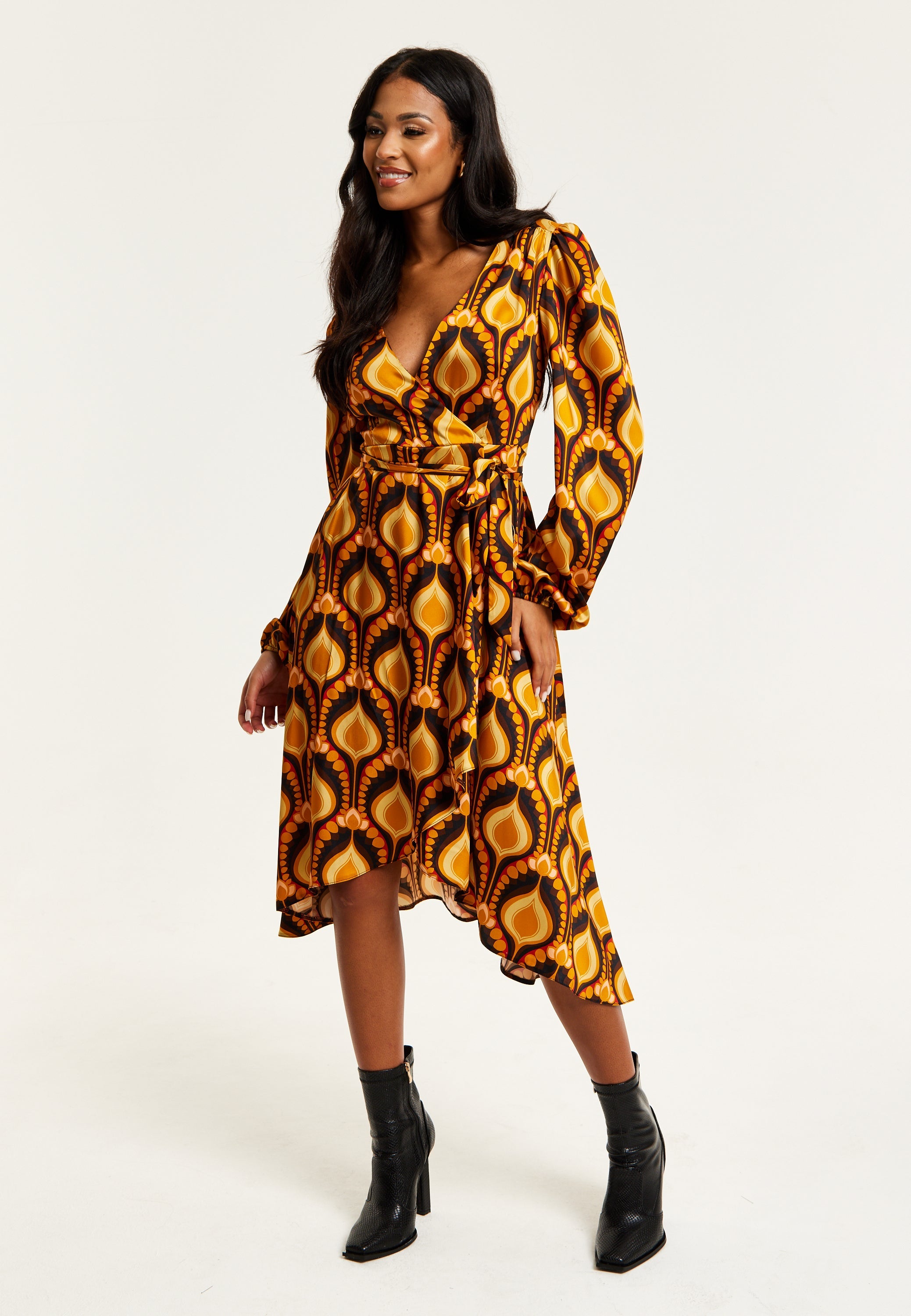 Women's Midi Wrap Dress with Balloon Sleeves in Retro Print - Elegant Fake Wrap Style, Perfect for Any Occasion by Liquorish