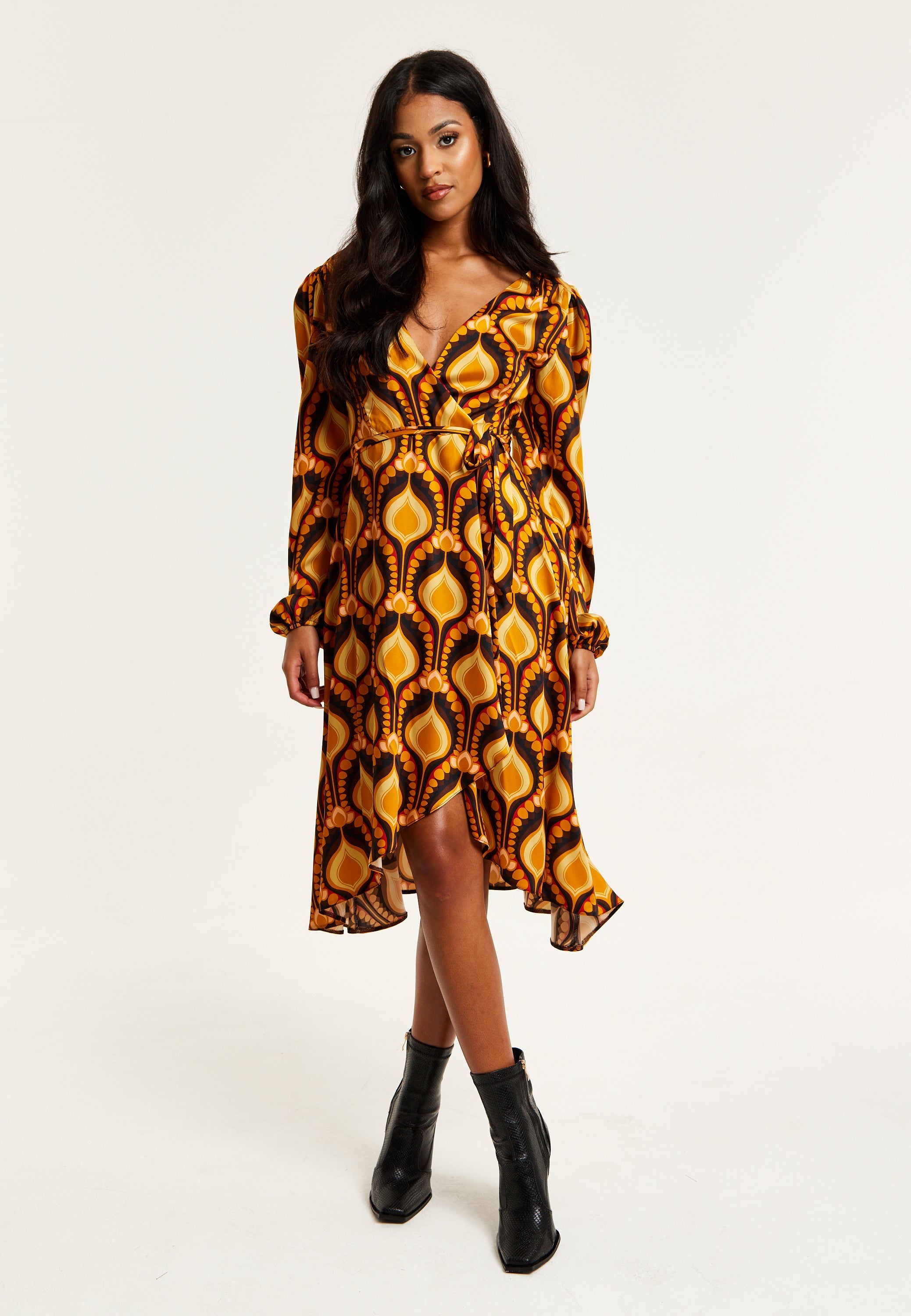 Women's Midi Wrap Dress with Balloon Sleeves in Retro Print - Elegant Fake Wrap Style, Perfect for Any Occasion by Liquorish