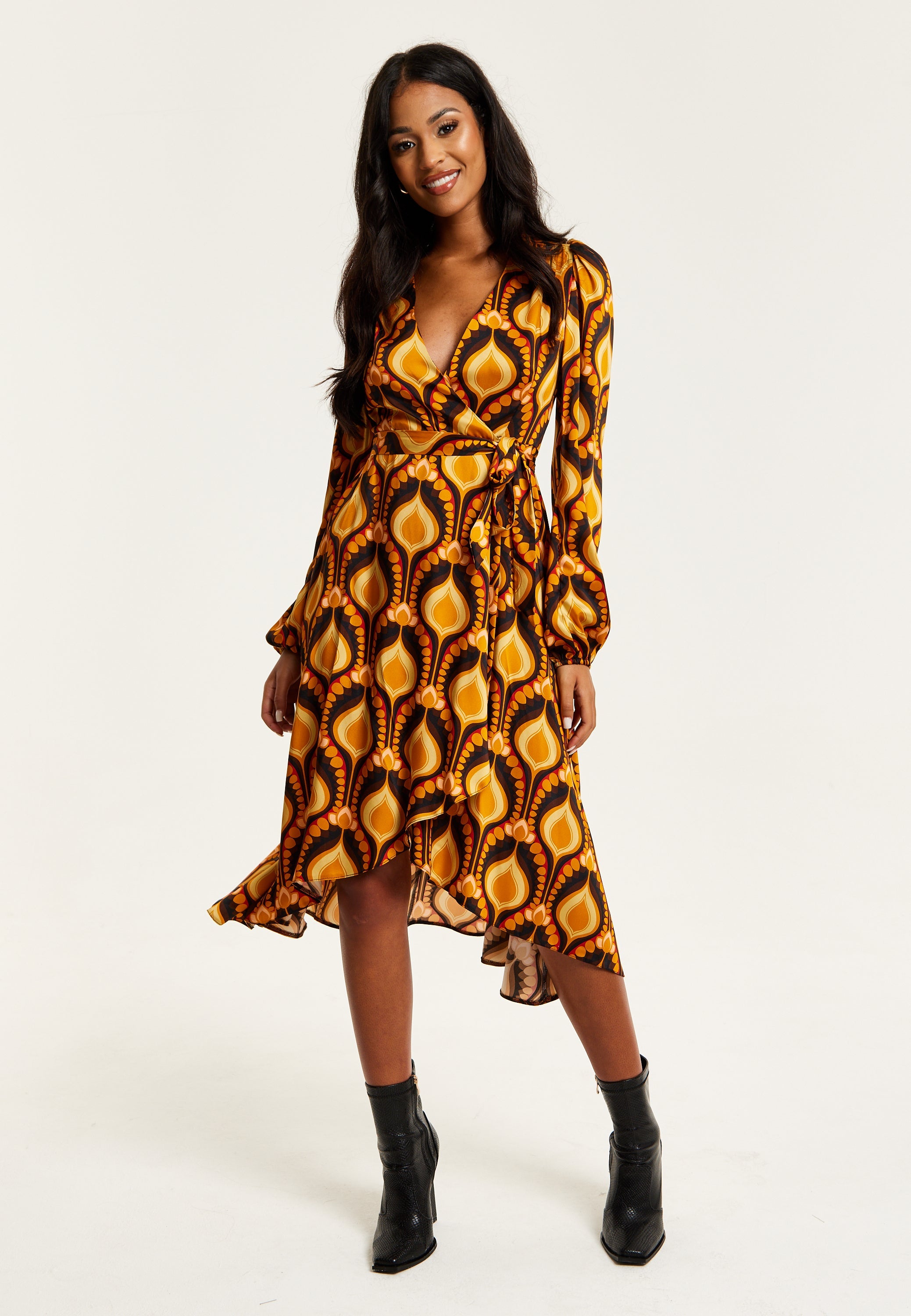 Women's Midi Wrap Dress with Balloon Sleeves in Retro Print - Elegant Fake Wrap Style, Perfect for Any Occasion by Liquorish
